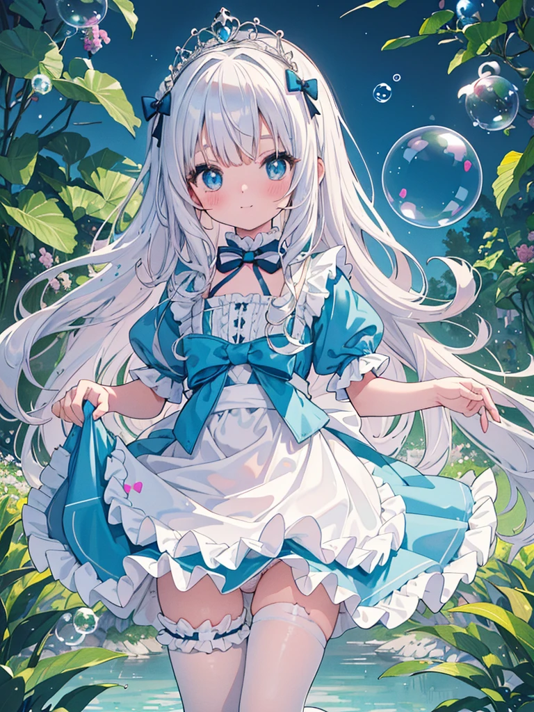 photo realistic, (masterpiece,best quality:1.4),(8k,raw photo,photo realistic:1.2),Not Safe for Work, detailed skin,detailed face,1girl,princess,Alice in Wonderland,cute face, super resolution,retro realistic details Illustration,,{{{elaborate,intricately,fantastic,delicately,tremendous,meticulous,minute,incredibly,obsessed,artisan's,subtle,virtuoso,skillful,vibrant, vivid, complex}}}, clearly focus edge, fresh natural gradation, best quality, amazing quality, very aesthetic, absurdres,
pubisure,
((checkered, frilled, layered, mini skirt,overskirt)), ((White ruffle apron)),((shiny wavy hair)), diadems, ankle boots, up-skirt, doress, (((jumping))), feet up, (frilled shirt), gothic dresses, shairband, shortsleeves, the bow hair, ((blue shairband)),(((White frilled Panties))), (((skirt-lift))), a smile, red blush, Doress, Alice (Alice in Wonderland), (cape), White frilled legwear, ((Blue the Bow)), Puffy Sleeves, Bangss, shortsleeves, ((Blue bow ribbon)), long hair, (White frilled apron), (((tiara))), (((Holding a cute magic wand))). White frilled legwear, frilld, white gothic dresses,: q, Heart necklace, ring, masterpiece, top-quality, not safe for work, Little Girl, child, 14 yo, braided bangs, arm garter, baby face ,twinkle in the eye, flat chest,
yumekawa,yumekawaii,pastel color,(wonderland garden:1.3),imagination, ((soap bubbles)), heart background, (water-color),