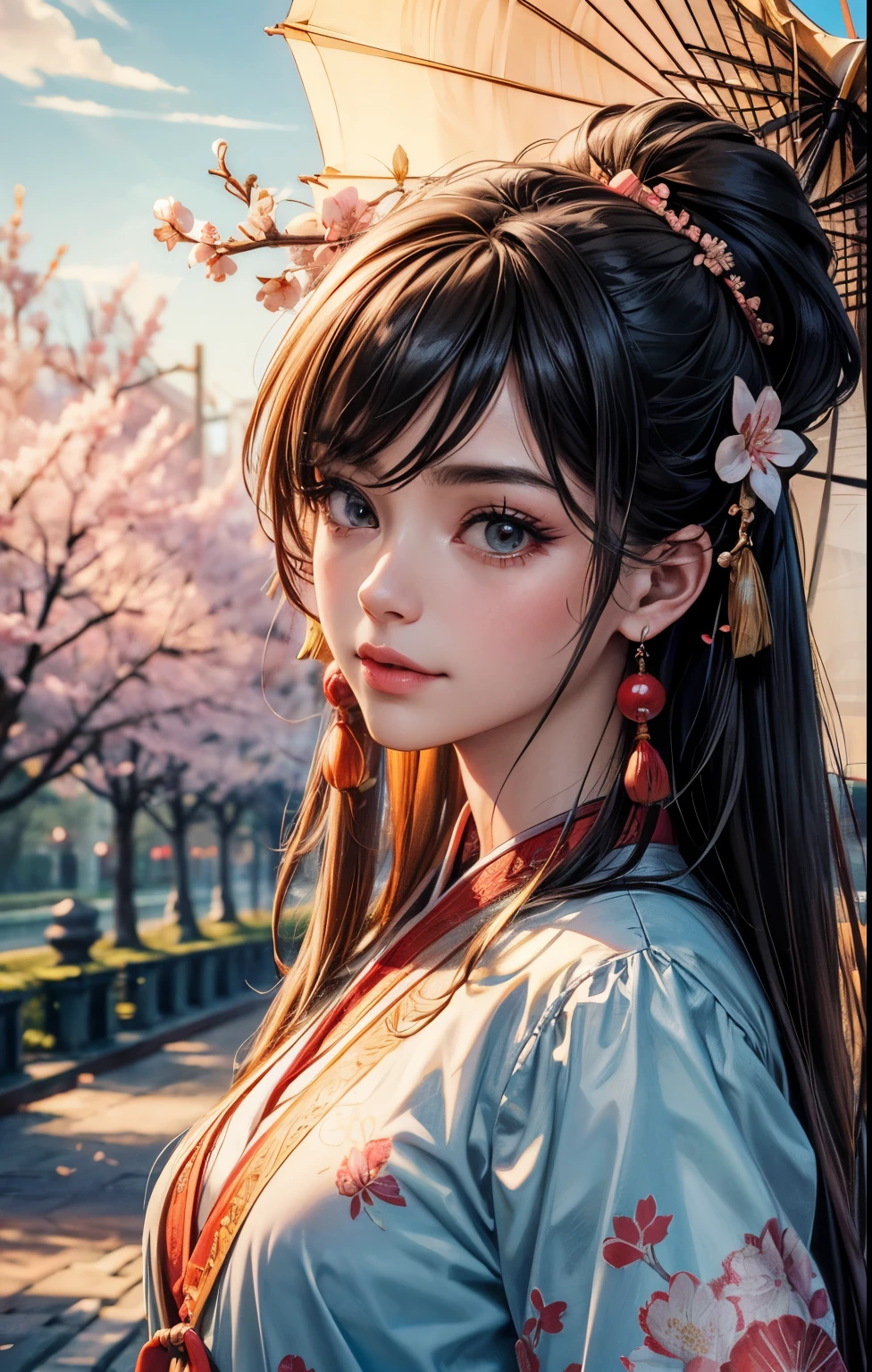 (best quality, 4k, 8k, highres, masterpiece:1.2), ultra-detailed, realistic:1.37, girl, updo hairstyle, light hair color, wearing Hanfu, standing under a cherry blossom tree, cherry blossom forest, cherry blossoms floating in the air, delicate facial features, clear facial characteristics, optimized details, high definition, 8k
