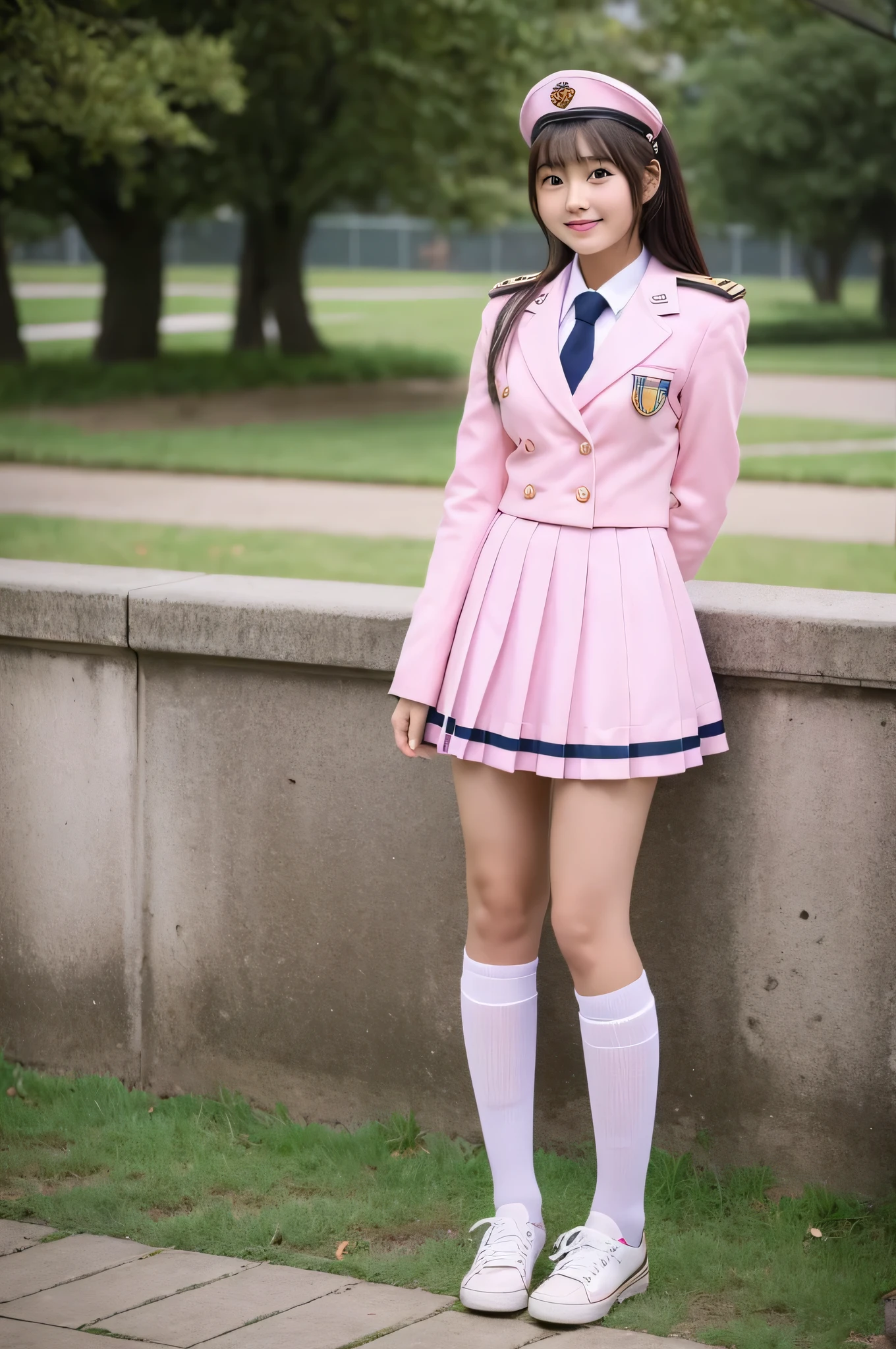 High school girl 18 years old wearing a pink miniskirt uniform