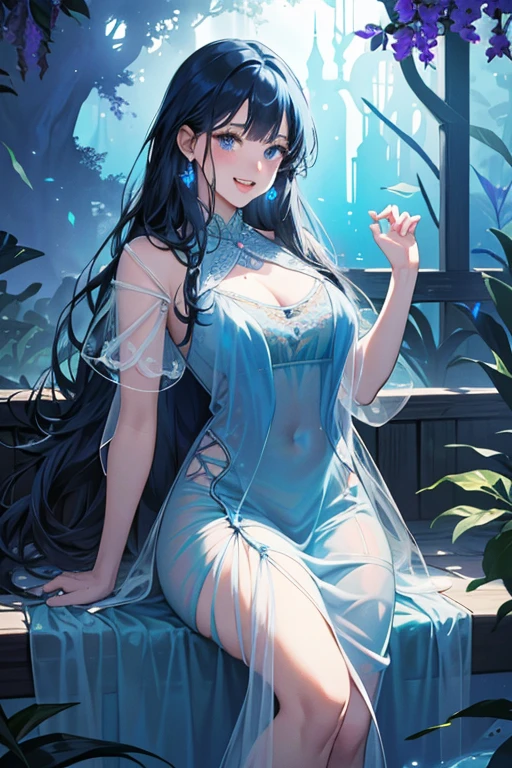 (highest quality, 8K, 32K, masterpiece, UHD: 1.3), 1 female, (Oversized: 1.3), perfect figure, super detailed face, detailed lips, fine eyes, (attractive), ((excited: 1.5)), (Sheer skin)) 、((((Transparent see-through dress))))、see-through dresses、lace sheer dress、Transparent dress、Sheer skin、Transparent dressを着た美しい裸の女性、solo、best style、big breasts、The most beautiful in the world、unparalleled beauty、long hair、 Indigo forest, empty bathhouse,、beautiful render of a fairytale, magical atmosphere + masterpiece, so magical and dreamy, magical colors and atmosphere, Blue lighting. fantasy, fantasy gorgeous lighting, concept art stunning atmosphere, magical environment, magical blue color and atmosphere, beautiful concept art, dark majestic ornate great hall, inside the palace、(blue water辺、blue water、blue reflection、Cyan color、get wet in blue water、Blue light、Blue Grotto、Blue World