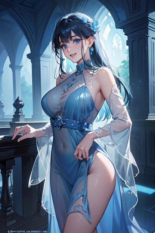 (highest quality, 8K, 32K, masterpiece, UHD: 1.3), 1 female, (Oversized: 1.3), perfect figure, super detailed face, detailed lips, fine eyes, (attractive), ((excited: 1.5)), (Sheer skin)) 、((((Transparent see-through dress))))、see-through dresses、lace sheer dress、Transparent dress、Sheer skin、Transparent dressを着た美しい裸の女性、solo、best style、big breasts、The most beautiful in the world、unparalleled beauty、long hair、 Indigo forest, empty bathhouse,、beautiful render of a fairytale, magical atmosphere + masterpiece, so magical and dreamy, magical colors and atmosphere, Blue lighting. fantasy, fantasy gorgeous lighting, concept art stunning atmosphere, magical environment, magical blue color and atmosphere, beautiful concept art, dark majestic ornate great hall, inside the palace、blue water辺、blue water、blue reflection、Cyan color、get wet in blue water、Blue light、Blue Grotto、Blue World