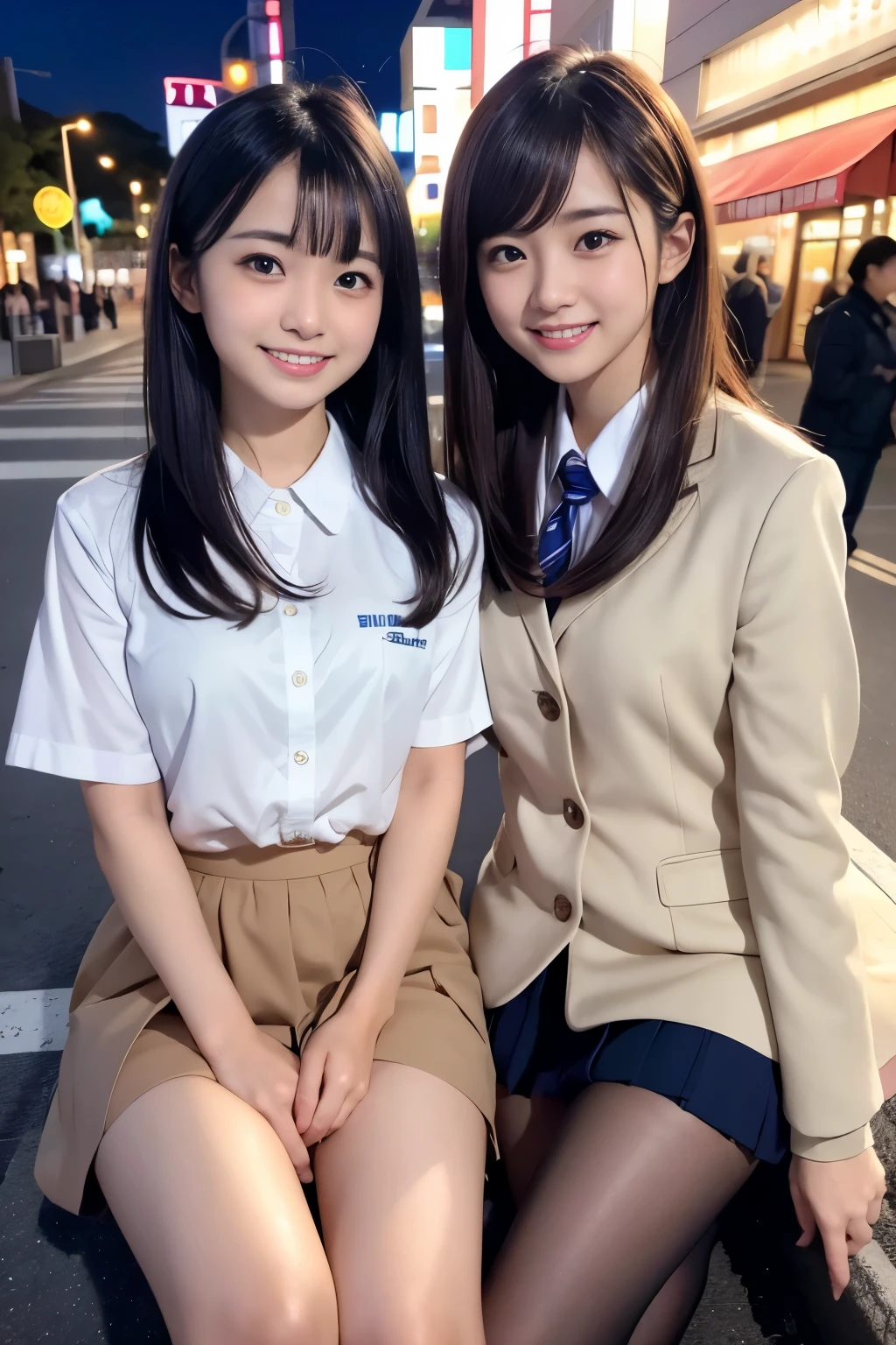 highest quality、face focus、soft light、(Depth of bounds written)、Super high resolution、JK、high school girl uniform、(Photoreal:1.4)、Raw photo、(on lap:1.4)、(Landscape)1japanese girl、Handsome、(full of embarrassment、laughter:1.1)、(brown eyes)、detailed beautiful face、(hair length)、high angle shot、center view、Two arafe asian women standing on a neon street at midnight、Phenomenally cute girl、japanese girl、surreal high school girl、high school girl pose、Full body Esbian、nice skin、glowing skin、nice thighs、Shining thighs、shining legs、on lapの黒いハイソックス、Japanese high school 、Nogizaka Idol、korean idol、please invite me inside、((inviting eyes))