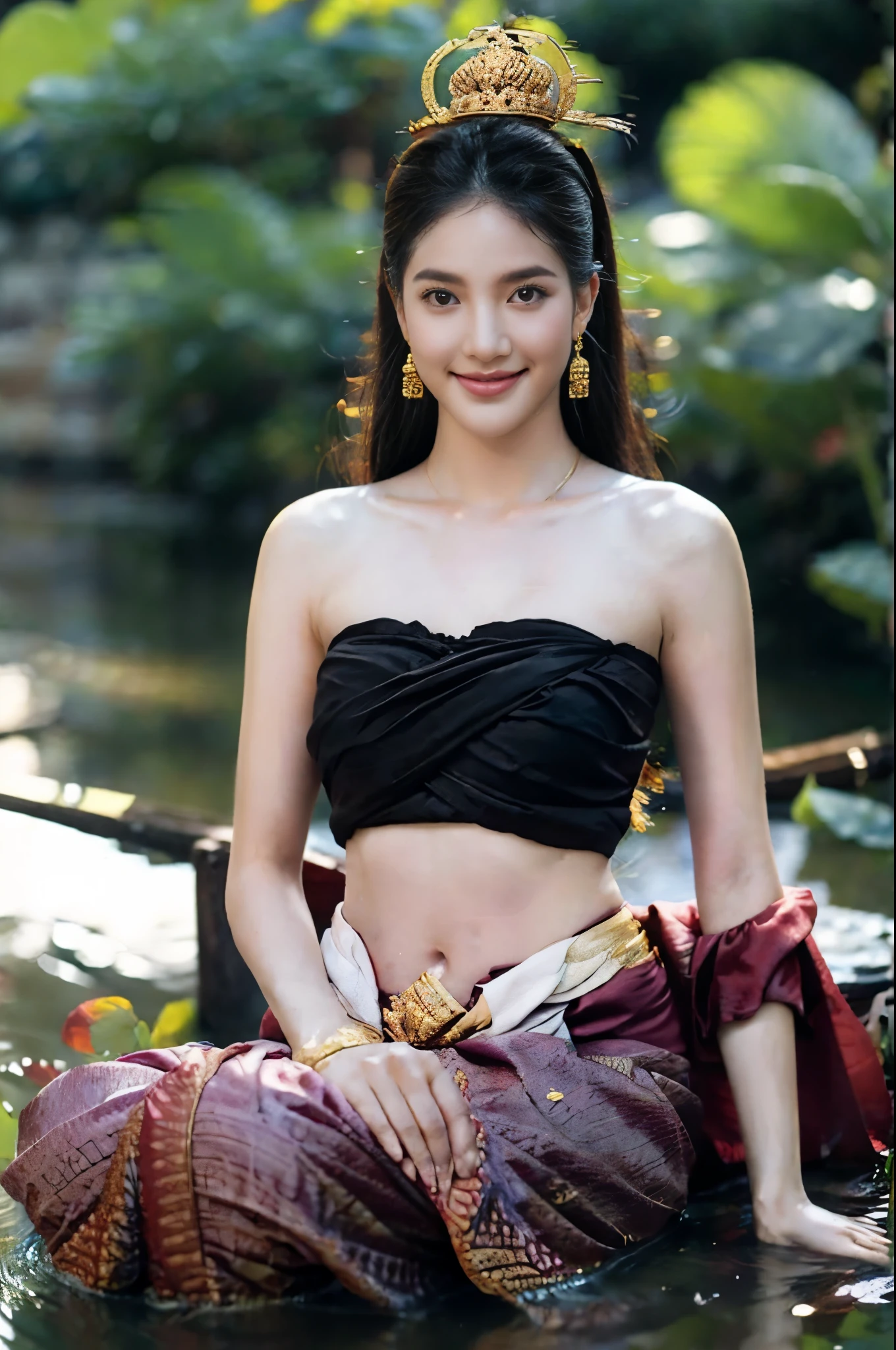 beautiful girl,Sitting alone along the Thai canal,decorations,gem, Strapless top, Long wavy hair,Black eyes,Abdominal muscles,Body proportion,Morning sunshine,smile,eyes looking ahead