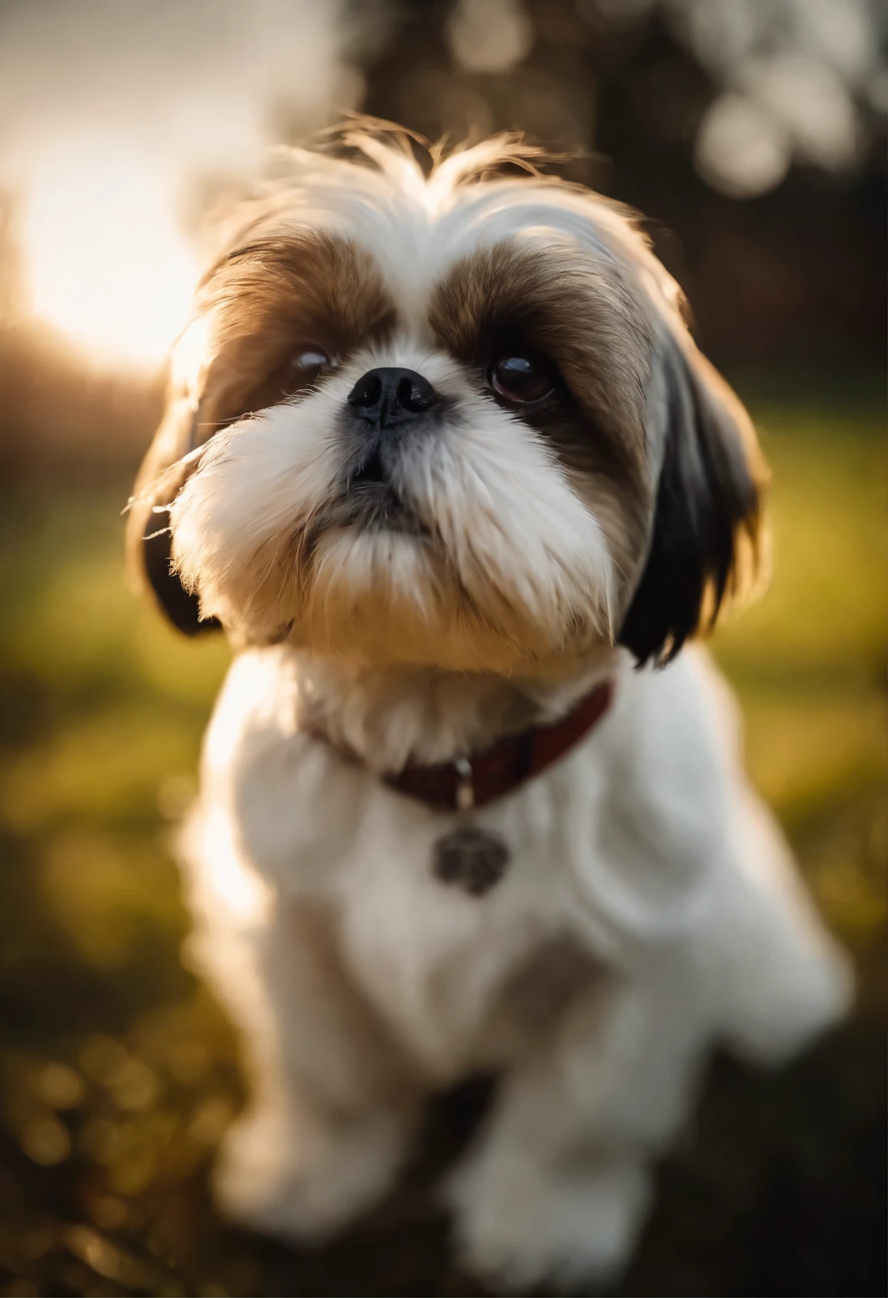 Shih Tzu dog sitting looking up at the sky