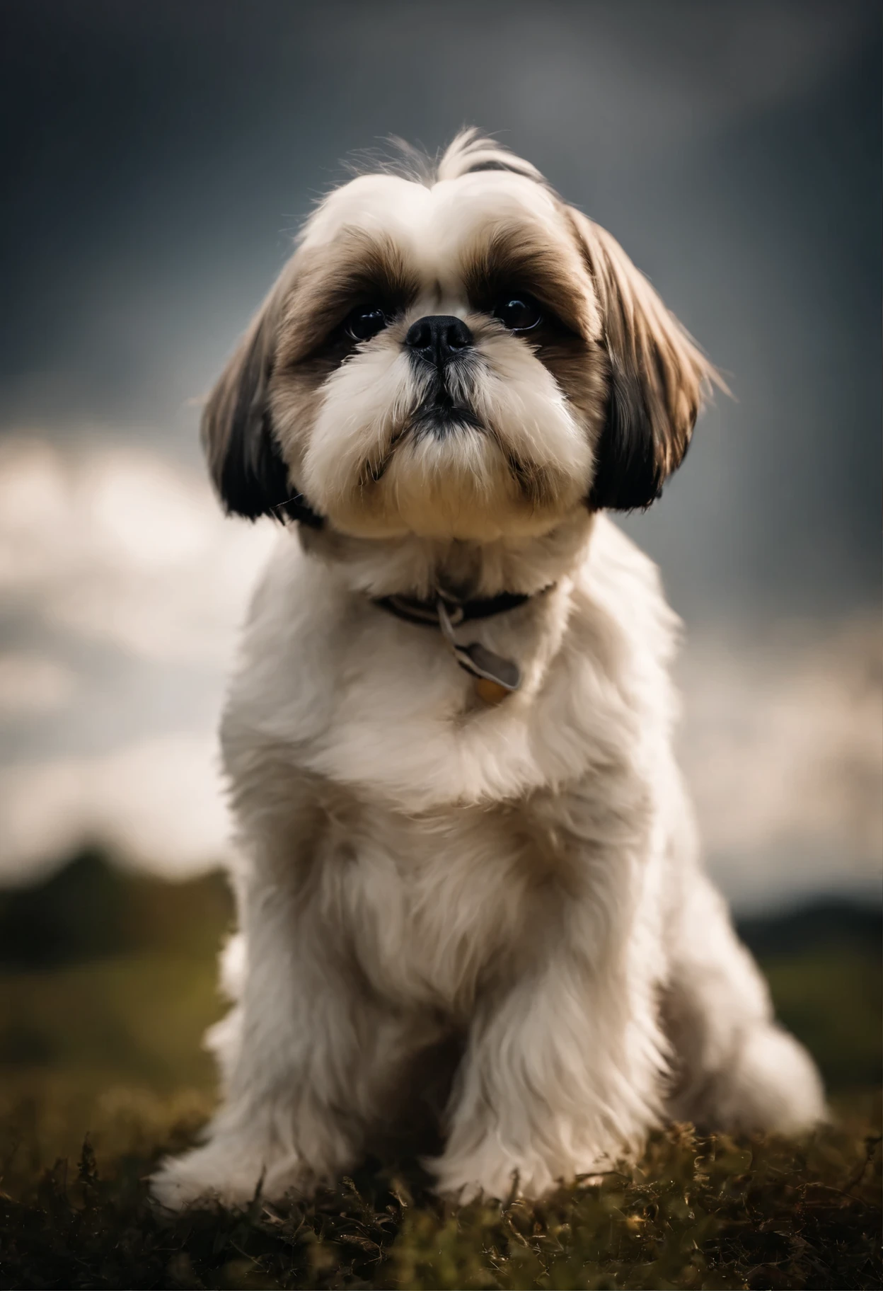 Shih Tzu dog sitting looking up at the sky