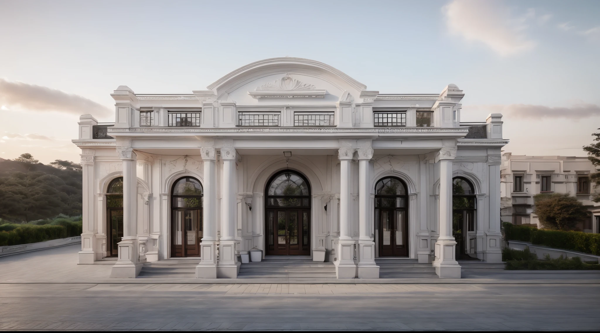 RAW photo, Masterpiece, high quality, best quality, authentic, super detail, exterior, (Louis style villa in the countryside), (white walls: 1.1), dark gray stone base, white painted railings, brown wooden glass windows, garden, landscape, trees, beach grass, ((sunset)), sky, archdaily architecture, (high detailed :1.2), 8k uhd, dslr, soft lighting, high quality, photography (Nikon Z7 với Nikon Z 70-200mm f-2.8 VR S)