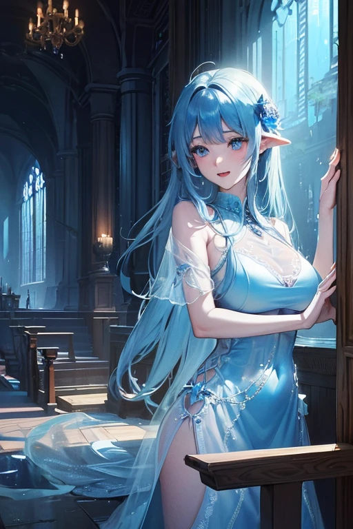 (highest quality, 8K, 32K, masterpiece, UHD: 1.3), 1 female, (Oversized: 1.3), perfect figure, super detailed face, detailed lips, fine eyes, (attractive), ((excited: 1.5)), (Sheer skin)) 、((((Transparent see-through dress))))、see-through dresses、lace sheer dress、Transparent dress、Sheer skin、Transparent dressを着た美しい裸の女性、solo、best style、big breasts、The most beautiful in the world、unparalleled beauty、long hair、 Indigo forest, empty bathhouse,、beautiful render of a fairytale, magical atmosphere + masterpiece, so magical and dreamy, magical colors and atmosphere, Blue lighting. fantasy, fantasy gorgeous lighting, concept art stunning atmosphere, magical environment, magical blue color and atmosphere, beautiful concept art, dark majestic ornate great hall, inside the palace、(blue water辺、blue water)、blue reflection、Cyan color、get wet in blue water、Blue light、Blue Grotto、Blue World