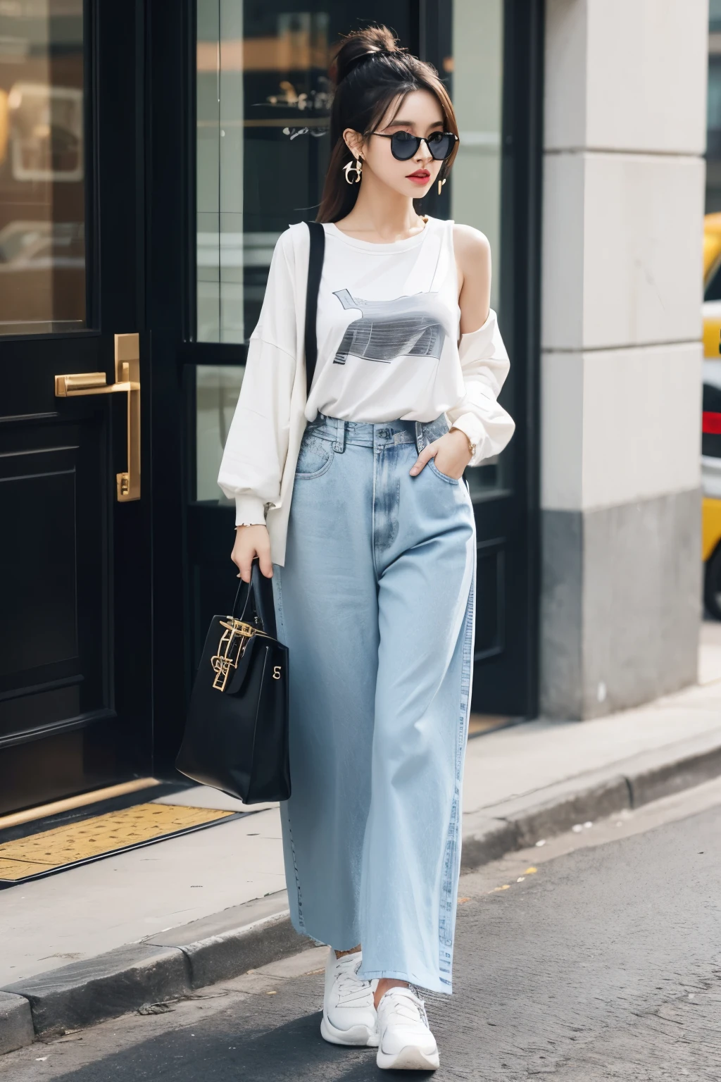 In this picture of fashionable outfits,The character is a fashionista,Show unique personality and taste。She is wearing a trendy loose design top,Choose lightweight fabrics,Perfect combination of fashion and comfort。The design of the blouse may have some unique patterns or embroidery,Highlight the artistic sense。
Pair with a pair of slim-fitting high-waisted pants or trendy wide-leg pants,Highlight the curves of your waistline。Pants may feature a fashionable pattern or texture,Creates an interesting contrast with the top。Under the feet,She chose a pair of fashionable and uniquely designed shoes,Maybe trendy sneakers or chic heels,Inject fashion elements into the overall look。
To enhance the overall look,She carefully paired it with some fashionable accessories,like bold earrings、Bracelet or stylish glasses,Make the overall look more eye-catching。She may be carrying a stylish bag,Demonstrates her deep understanding of fashion。
This Fashionista's Hairstyle Might Be the Trending Look,Or show some original design,Highlight her unique understanding of fashion。The overall look shows her fashion sensitivity and personality charm,It is a picture full of creativity and fashion sense