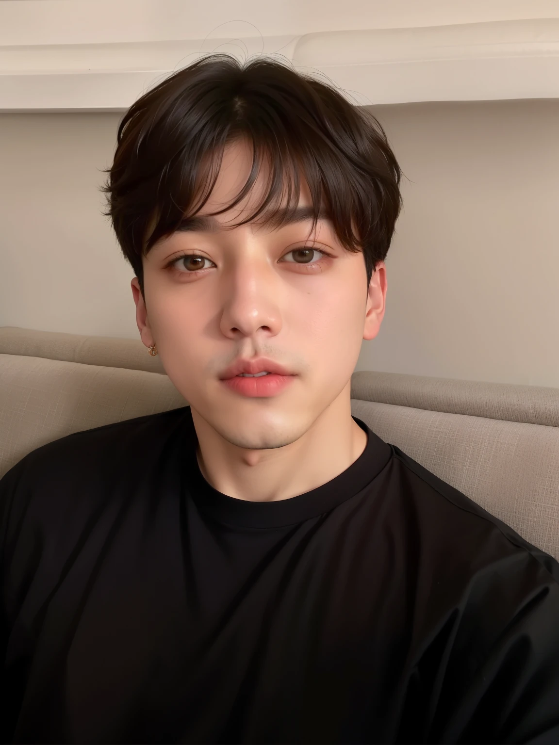 There's a man in a black shirt sitting on a couch, Jungkook, Jungkook's right eyelid is swollen, Jeon Jungkook full lips, hyung jeon, kook, jeon kook, jeongguk, jungkook nariz grego, jungkook hyung, maknae jk, brilhante da chuva, androgen, jungkook de cabelo preto, adorable and pale korean face