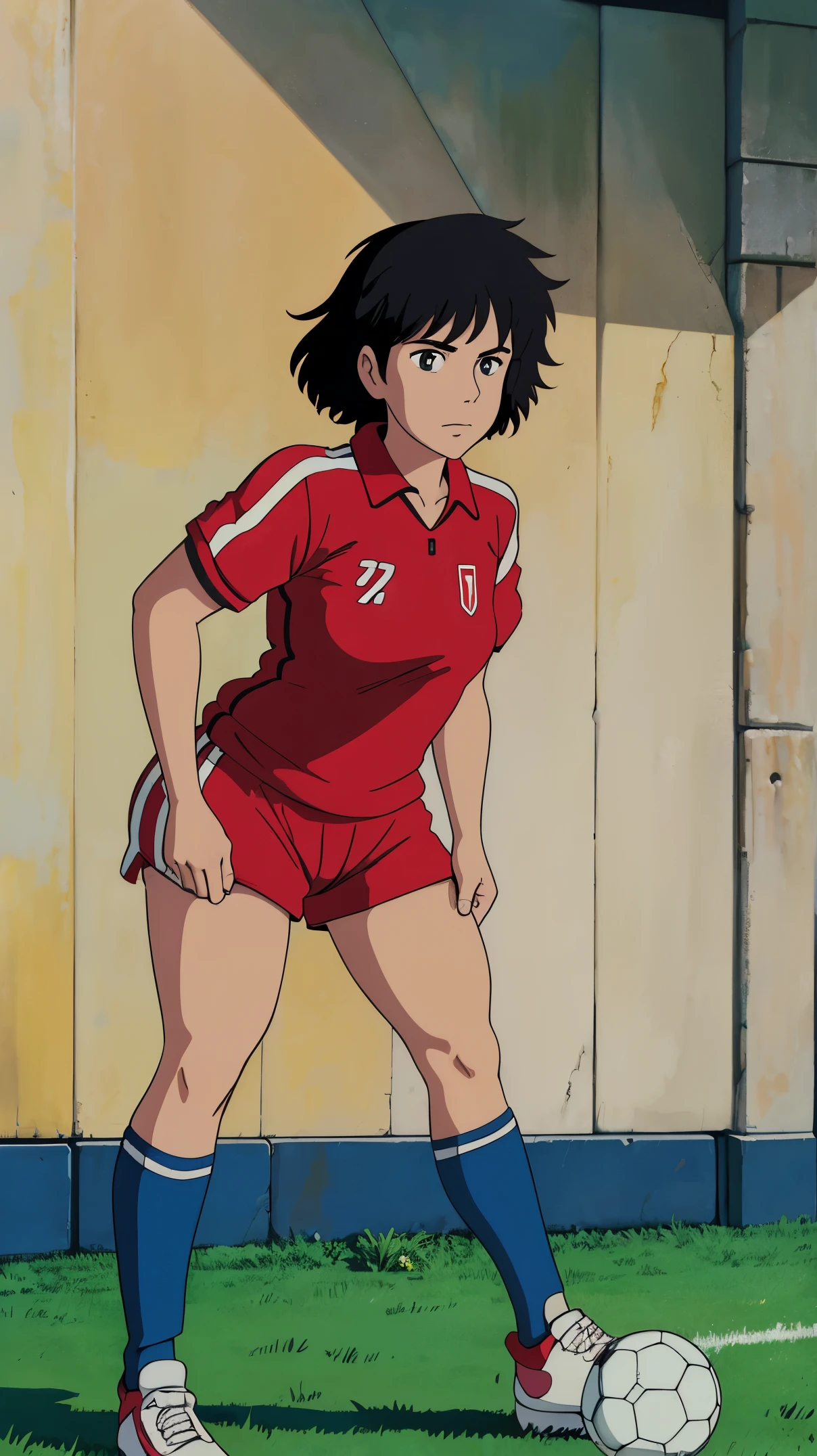 Female, Turkish, 1980’s, Black hair, Short hair, wet messy hair, National team, Soccer Uniform, Famous, Jersey collar up, medium breasts, soccer shorts, firm butt, socks, shinguards, soccer shoes, wallpaper, Midfielder, portrait, average height, soccer field background,