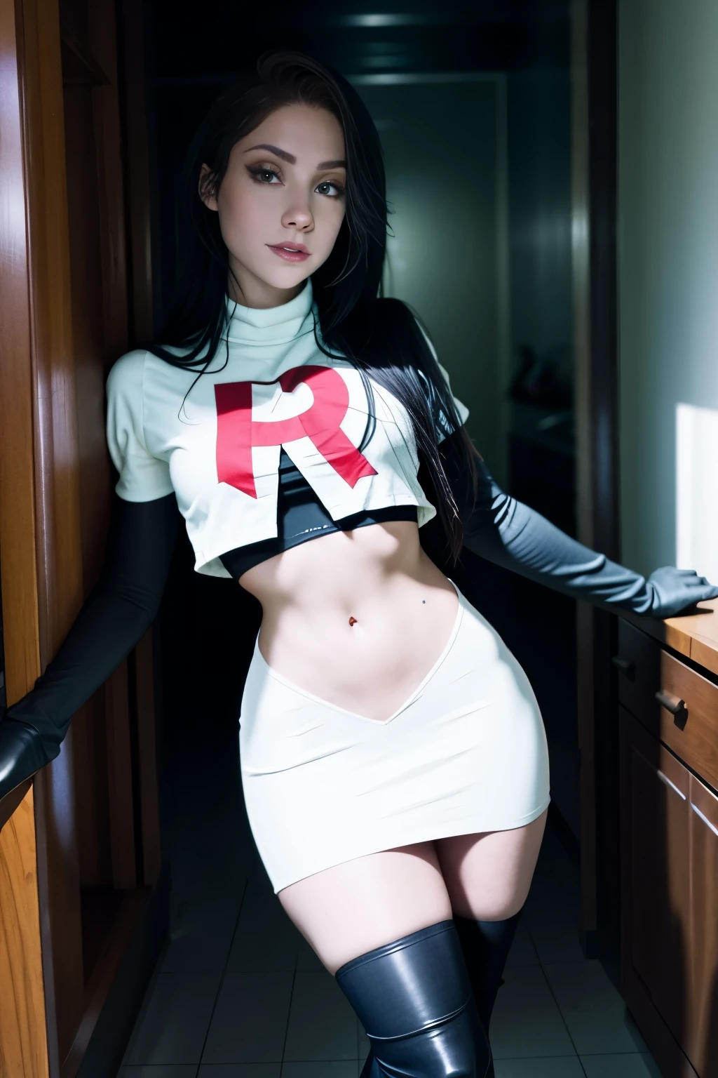 leynainu, a woman, wearing team rocket,team rocket uniform,white skirt,red letter R,crop top,black thigh-highs,black elbow gloves,