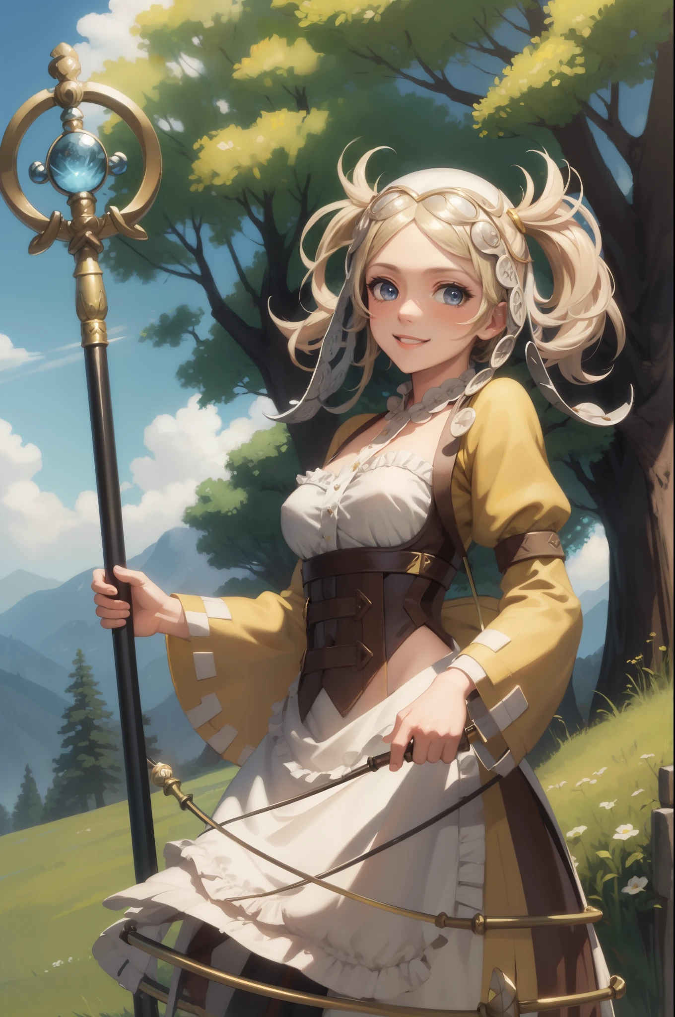 masterpiece, best quality, lissa, hair ornament, bonnet, cowboy shot, upper body, smile, looking at viewer, field, trees, holding a staff, magic healing staff