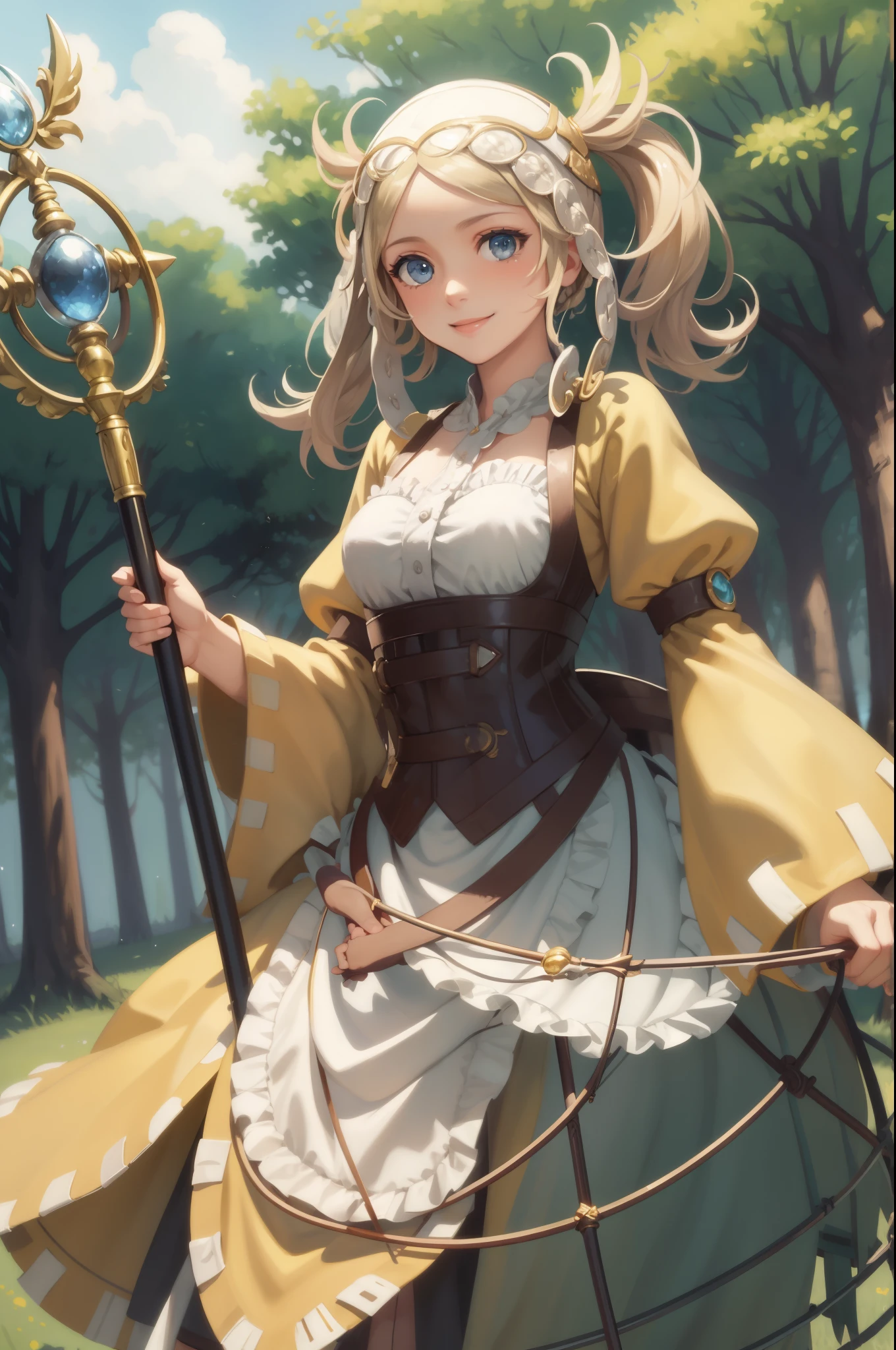 masterpiece, best quality, lissa, hair ornament, bonnet, cowboy shot, upper body, smile, looking at viewer, field, trees, holding a staff, magic healing staff