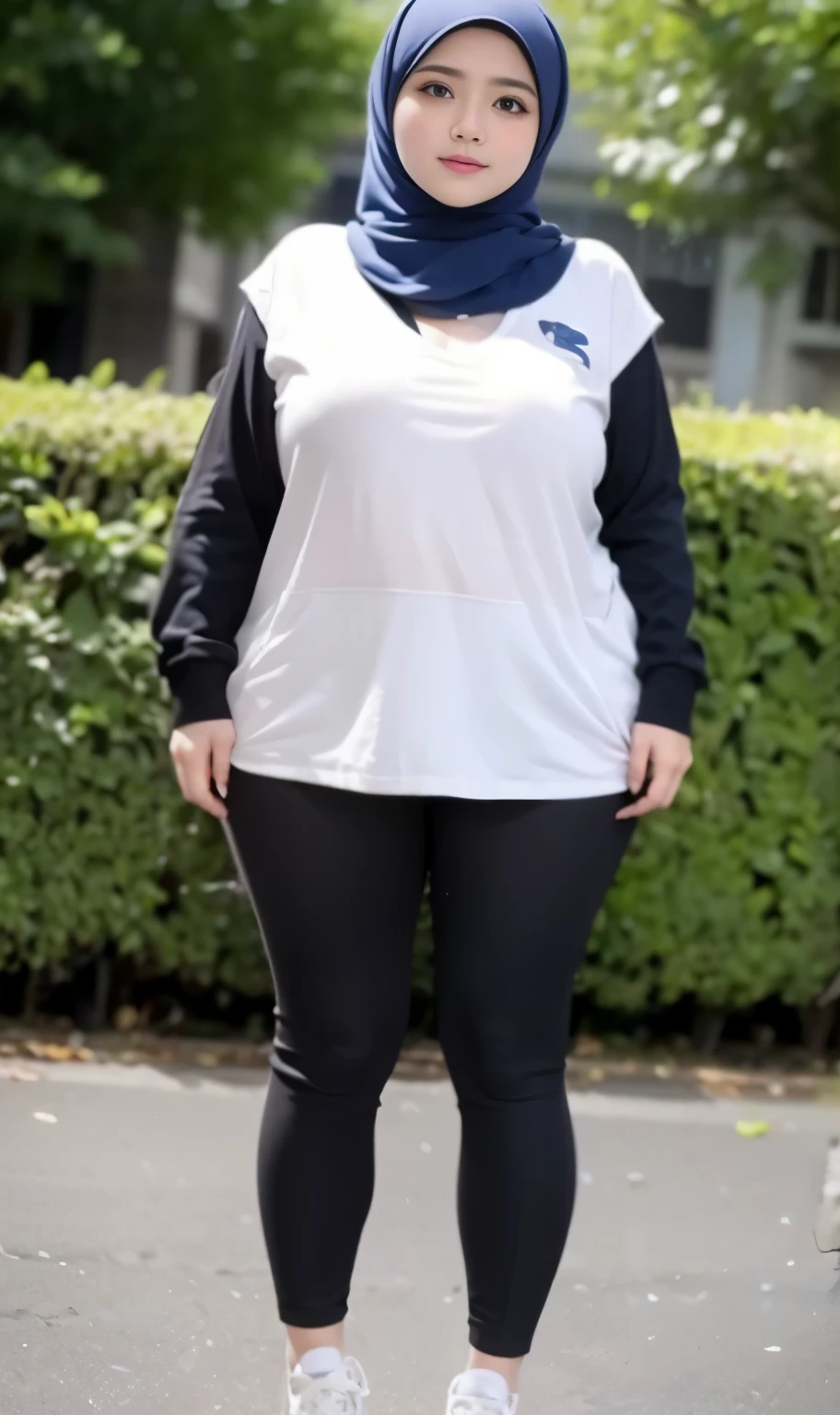 Wanita memakai hijab, bertubuh chubby, pipi chubby, lengan dan paha chubby mekai sneakers