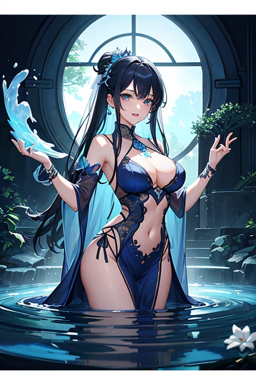 (highest quality, 8K, 32K, masterpiece, UHD: 1.3), 1 female, (Oversized: 1.3), perfect figure, super detailed face, detailed lips, fine eyes, (attractive), ((excited: 1.5)), (Sheer skin)) 、((((Transparent see-through dress))))、see-through dresses、lace sheer dress、Transparent dress、Sheer skin、Transparent dressを着た美しい裸の女性、solo、best style、big breasts、The most beautiful in the world、unparalleled beauty、long hair、 Indigo forest, empty bathhouse,、Blue lighting. concept art stunning atmosphere, blue color and atmosphere, beautiful concept art, dark majestic ornate great hall, inside the palace、(blue water辺、blue water)、blue reflection、Cyan color、get wet in blue water、Blue light、Blue World