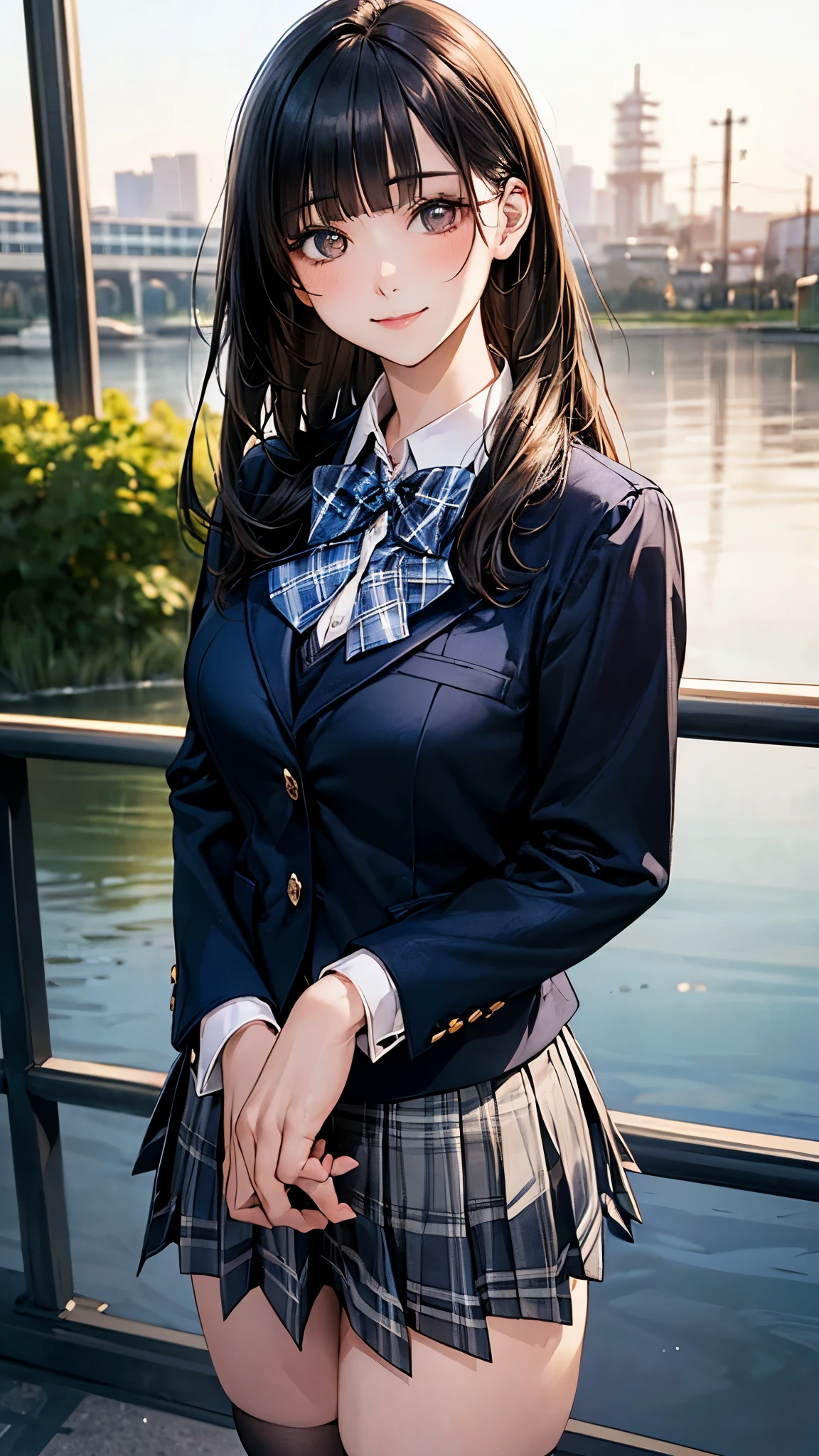 (masterpiece:1.2, top-quality), (realistic, photorealistic:1.4), beautiful illustration, (natural side lighting, movie lighting), nsfw, 
looking at viewer, cowboy shot, front view:0.6, 1 girl, japanese, high school girl, perfect face, cute and symmetrical face, shiny skin, 
(long hair:1.8, straight hair:1.7, black hair), blunt bangs, gold eyes, long eye lasher, (large breasts:0.8, thick thighs), 
beautiful hair, beautiful face, beautiful detailed eyes, beautiful clavicle, beautiful body, beautiful chest, beautiful thigh, beautiful legs, beautiful fingers, 
((white collared shirts, black jacket, grey pleated mini skirt, black socks, black loafers, blue plaid bow tie)), 
(beautiful scenery), evening, riverside, standing, (lovely smile, upper eyes), 