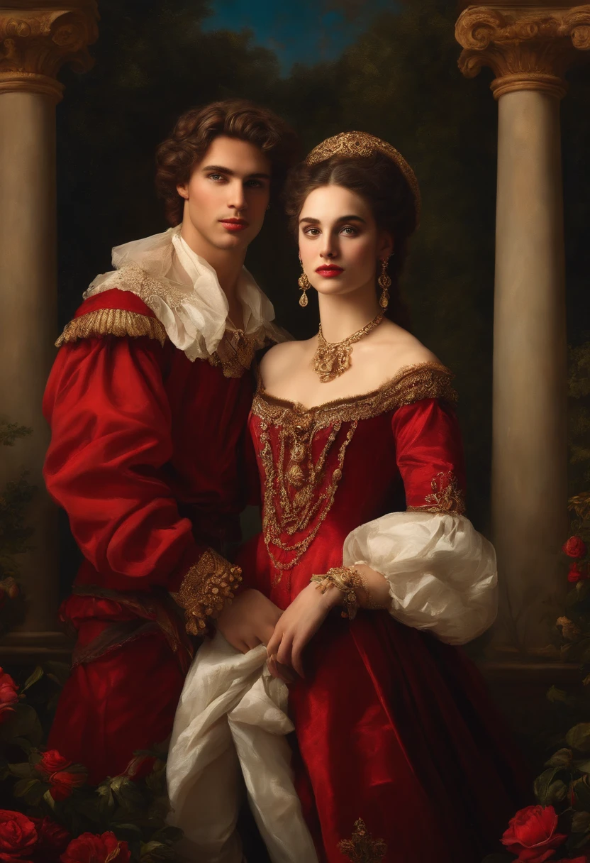 ((Baroque style painting of a beautiful couple)) earrings and bracelets, beautiful and sensual young people, lascivious and mischievous face, dressed in red, black and gold clothes in the style of the Victorian Era, clear eyes, sexy and shapely mouth, long, silky hair falling over her shoulders, ((looking at the camera)), ((Hugging each other in a garden with flowers and Greek columns)). Baroque painting