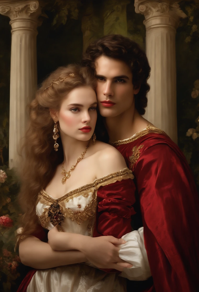 ((Baroque style painting of a beautiful couple)) earrings and bracelets, beautiful and sensual young people, lascivious and mischievous face, dressed in red, black and gold clothes in the style of the Victorian Era, clear eyes, sexy and shapely mouth, long, silky hair falling over her shoulders, ((looking at the camera)), ((Hugging each other in a garden with flowers and Greek columns)). Baroque painting