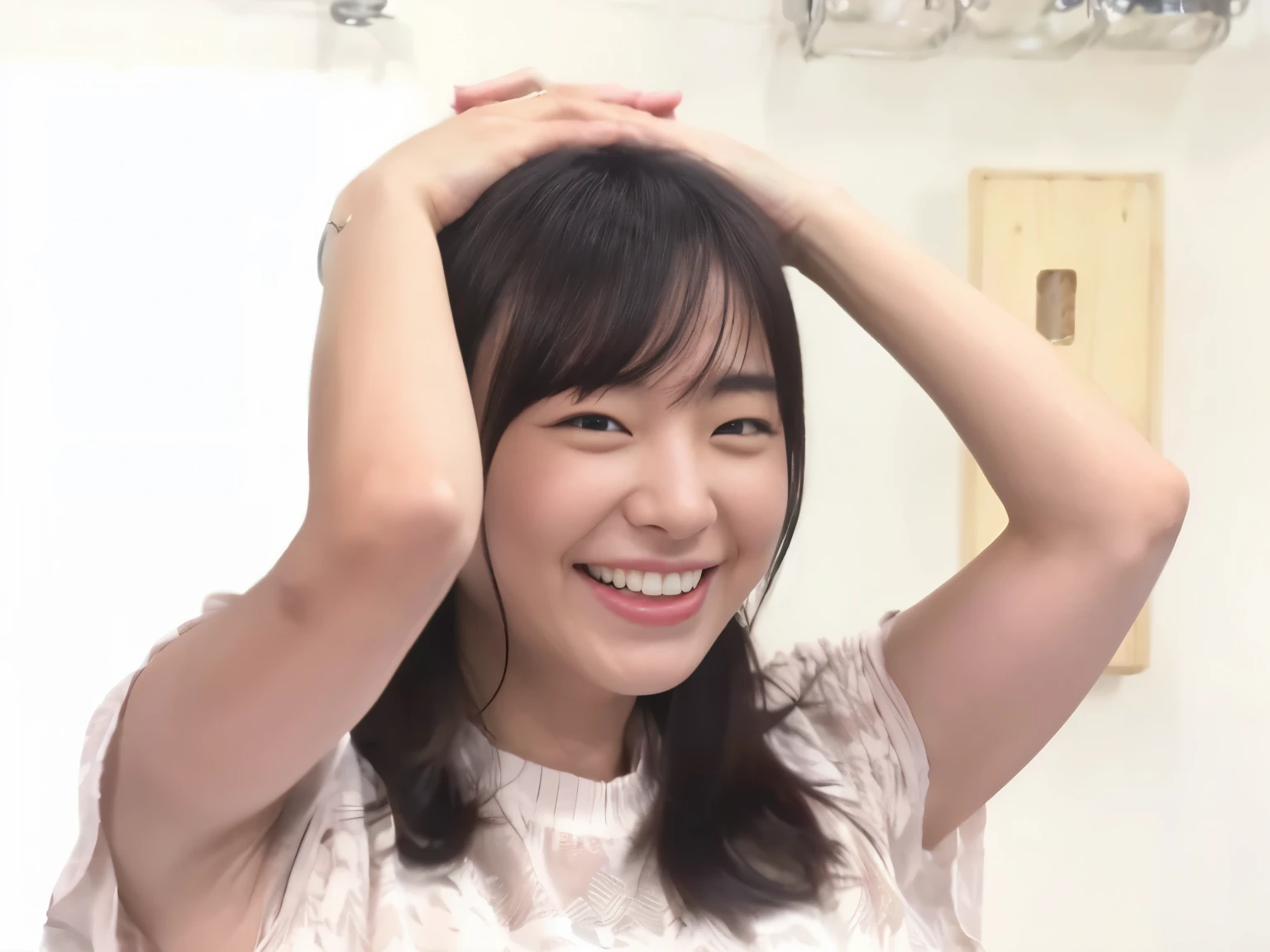There is a woman smiling and holding her hair, she has a cute expressive face, Chiho, shikamimi, she is smiling and excited, she has a cute face, excited look, she expressed joy, cute - well-groomed - face, so happy that her face hurts, sakimimichan, Looks a little happy