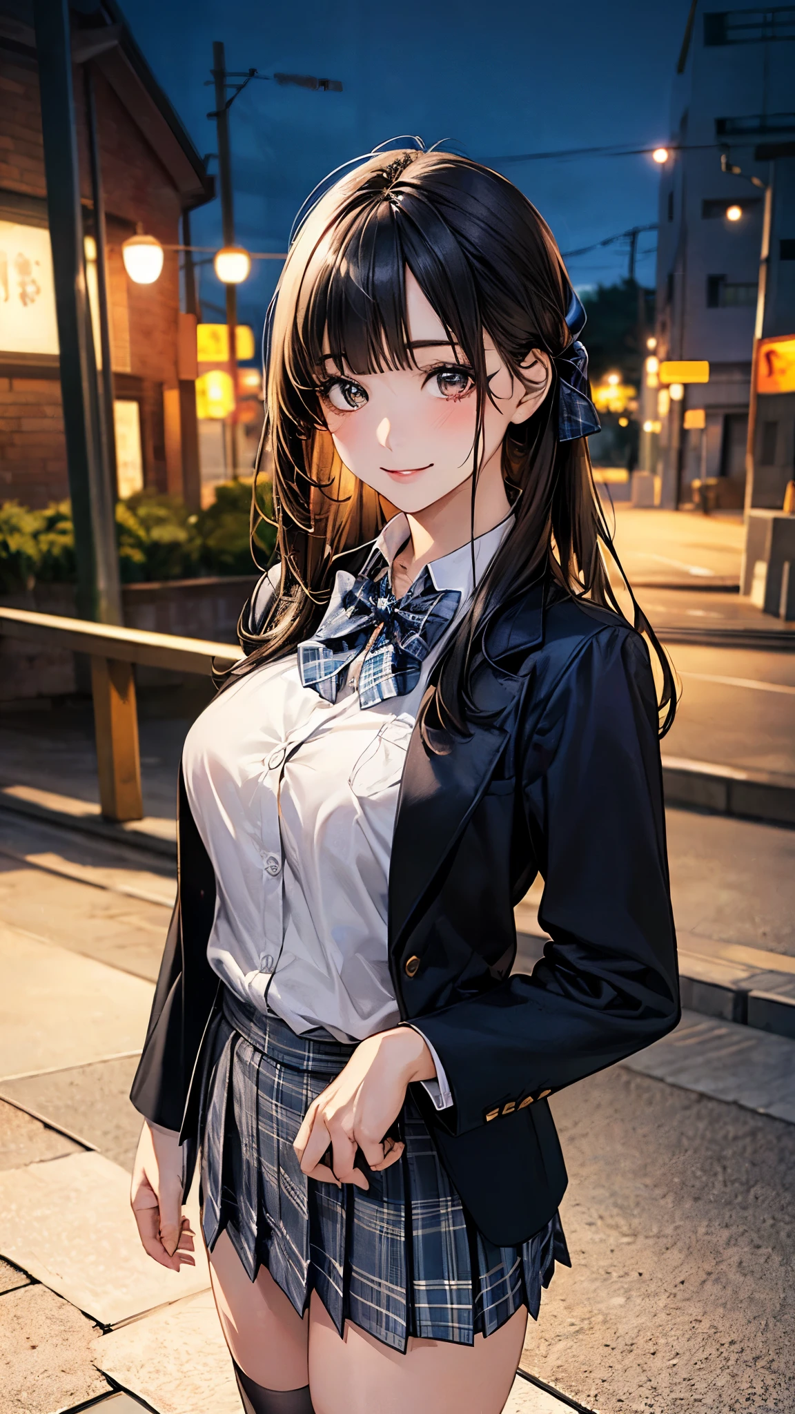 (masterpiece:1.2, top-quality), (realistic, photorealistic:1.4), beautiful illustration, (natural side lighting, movie lighting), nsfw, 
looking at viewer, cowboy shot, front view:0.6, 1 girl, japanese, high school girl, perfect face, cute and symmetrical face, shiny skin, 
(long hair:1.8, straight hair:1.7, black hair), blunt bangs, gold eyes, long eye lasher, (large breasts:0.8, thick thighs), 
beautiful hair, beautiful face, beautiful detailed eyes, beautiful clavicle, beautiful body, beautiful chest, beautiful thigh, beautiful legs, beautiful fingers, 
((white collared shirts, black jacket, grey pleated mini skirt, black socks, black loafers, blue plaid bow tie)), 
(beautiful scenery), evening, riverside, standing, (lovely smile, upper eyes), 