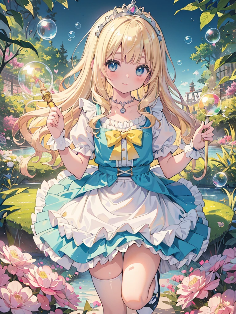photo realistic, (masterpiece,best quality:1.4),(8k,raw photo,photo realistic:1.2),Not Safe for Work, detailed skin,detailed face,1girl,princess,Alice in Wonderland,cute face, super resolution,retro realistic details Illustration,,{{{elaborate,intricately,fantastic,delicately,tremendous,meticulous,minute,incredibly,obsessed,artisan's,subtle,virtuoso,skillful,vibrant, vivid, complex}}}, clearly focus edge, fresh natural gradation, best quality, amazing quality, very aesthetic, absurdres,
pubisure,
((yellow, checkered, frilled, yellow layered, mini skirt,overskirt)), ((White ruffle apron)),((shiny wavy hair)), diadems, ankle boots, up-skirt, doress, (((jumping))), feet up, (frilled shirt), gothic dresses, shairband, shortsleeves, the bow hair, happy, ;p, medium bob, (blonde hair), ((wavy hair)), shimmering eyes, Blue eyes, ((yellow shairband)),(((White frilled Panties))), (((skirt-lift))), a smile, red blush, Doress, Alice (Alice in Wonderland), (cape), White frilled legwear, ((yellow the Bow)), Puffy Sleeves, Bangss, shortsleeves, ((yellow bow ribbon)), long hair, (White frilled apron), (((tiara))), (((Holding a cute magic wand))). White frilled legwear, frilld, yellow gothic dresses,: q, ((Heart necklace)), ((ring)), masterpiece, top-quality, not safe for work, , child, 14 yo, braided bangs, arm garter, baby face ,twinkle in the eye, flat chest,
yumekawa,yumekawaii,pastel color,(wonderland garden:1.3),imagination, ((soap bubbles)), heart background, (water-color),