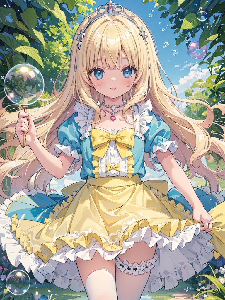 photo realistic, (masterpiece,best quality:1.4),(8k,raw photo,photo realistic:1.2),Not Safe for Work, detailed skin,detailed face,1girl,princess,Alice in Wonderland,cute face, super resolution,retro realistic details Illustration,,{{{elaborate,intricately,fantastic,delicately,tremendous,meticulous,minute,incredibly,obsessed,artisan's,subtle,virtuoso,skillful,vibrant, vivid, complex}}}, clearly focus edge, fresh natural gradation, best quality, amazing quality, very aesthetic, absurdres,
pubisure,
((yellow, checkered, frilled, yellow layered, mini skirt,overskirt)), ((White ruffle apron)),((shiny wavy hair)), diadems, ankle boots, up-skirt, doress, (((jumping))), feet up, (frilled shirt), gothic dresses, shairband, shortsleeves, the bow hair, happy, ;p, medium bob, (blonde hair), ((wavy hair)), shimmering eyes, Blue eyes, ((yellow shairband)),(((White frilled Panties))), (((skirt-lift))), a smile, red blush, Doress, Alice (Alice in Wonderland), (cape), White frilled legwear, ((yellow the Bow)), Puffy Sleeves, Bangss, shortsleeves, ((yellow bow ribbon)), long hair, (White frilled apron), (((tiara))), (((Holding a cute magic wand))). White frilled legwear, frilld, yellow gothic dresses,: q, ((Heart necklace)), ((ring)), masterpiece, top-quality, not safe for work, Little Girl, child, 14 yo, braided bangs, arm garter, baby face ,twinkle in the eye, flat chest,
yumekawa,yumekawaii,pastel color,(wonderland garden:1.3),imagination, ((soap bubbles)), heart background, (water-color),