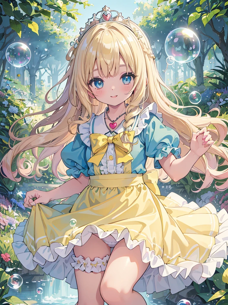 photo realistic, (masterpiece,best quality:1.4),(8k,raw photo,photo realistic:1.2),Not Safe for Work, detailed skin,detailed face,1girl,princess,Alice in Wonderland,cute face, super resolution,retro realistic details Illustration,,{{{elaborate,intricately,fantastic,delicately,tremendous,meticulous,minute,incredibly,obsessed,artisan's,subtle,virtuoso,skillful,vibrant, vivid, complex}}}, clearly focus edge, fresh natural gradation, best quality, amazing quality, very aesthetic, absurdres,
pubisure,
((yellow, checkered, frilled, yellow layered, mini skirt,overskirt)), ((White ruffle apron)),((shiny wavy hair)), diadems, ankle boots, up-skirt, doress, (((jumping))), feet up, (frilled shirt), gothic dresses, shairband, shortsleeves, the bow hair, happy, ;p, medium bob, (blonde hair), ((wavy hair)), shimmering eyes, Blue eyes, ((yellow shairband)),(((White frilled Panties))), (((skirt-lift))), a smile, red blush, Doress, Alice (Alice in Wonderland), (cape), White frilled legwear, ((yellow the Bow)), Puffy Sleeves, Bangss, shortsleeves, ((yellow bow ribbon)), long hair, (White frilled apron), (((tiara))), (((Holding a cute magic wand))). White frilled legwear, frilld, yellow gothic dresses,: q, ((Heart necklace)), ((ring)), masterpiece, top-quality, not safe for work, Little Girl, child, 14 yo, braided bangs, arm garter, baby face ,twinkle in the eye, flat chest,
yumekawa,yumekawaii,pastel color,(wonderland garden:1.3),imagination, ((soap bubbles)), heart background, (water-color),