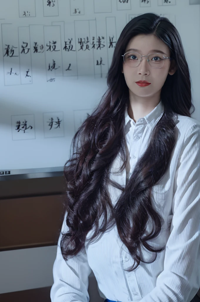 35mm photo, a housewife, yueqing, woman, glasses, white collared shirt, holding pointer, chinese text, white board, homely, lovely, highres, super detail, Super high saturation, bright and vivid colors, (best quality, masterpiece, Representative work, official art, Professional, 8k)