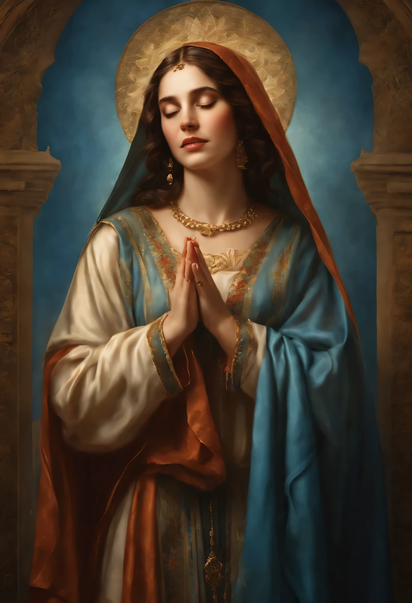 Beautiful womanの絵, メアリーキャメロンに触発されたdigital art, shutter stock, digital art, 聖母Maria, Queen of Heaven, beautiful art, Beautiful picture, beautiful depiction, Portrait of the 聖母Maria, Sacred and beautiful, on a blue background, Boregov, Religious art painting depicting a beautiful smiling woman,delicate hands, in a posture of prayer, Have a rosary, , In high resolution、Maria、Beautiful woman、photograph、genuine