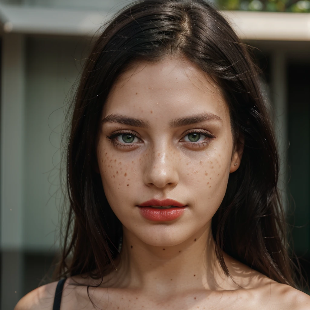 Woman, high quality face, green eyes, black hair, red lips, freckles on face, very high quality, 8K, 4K quality