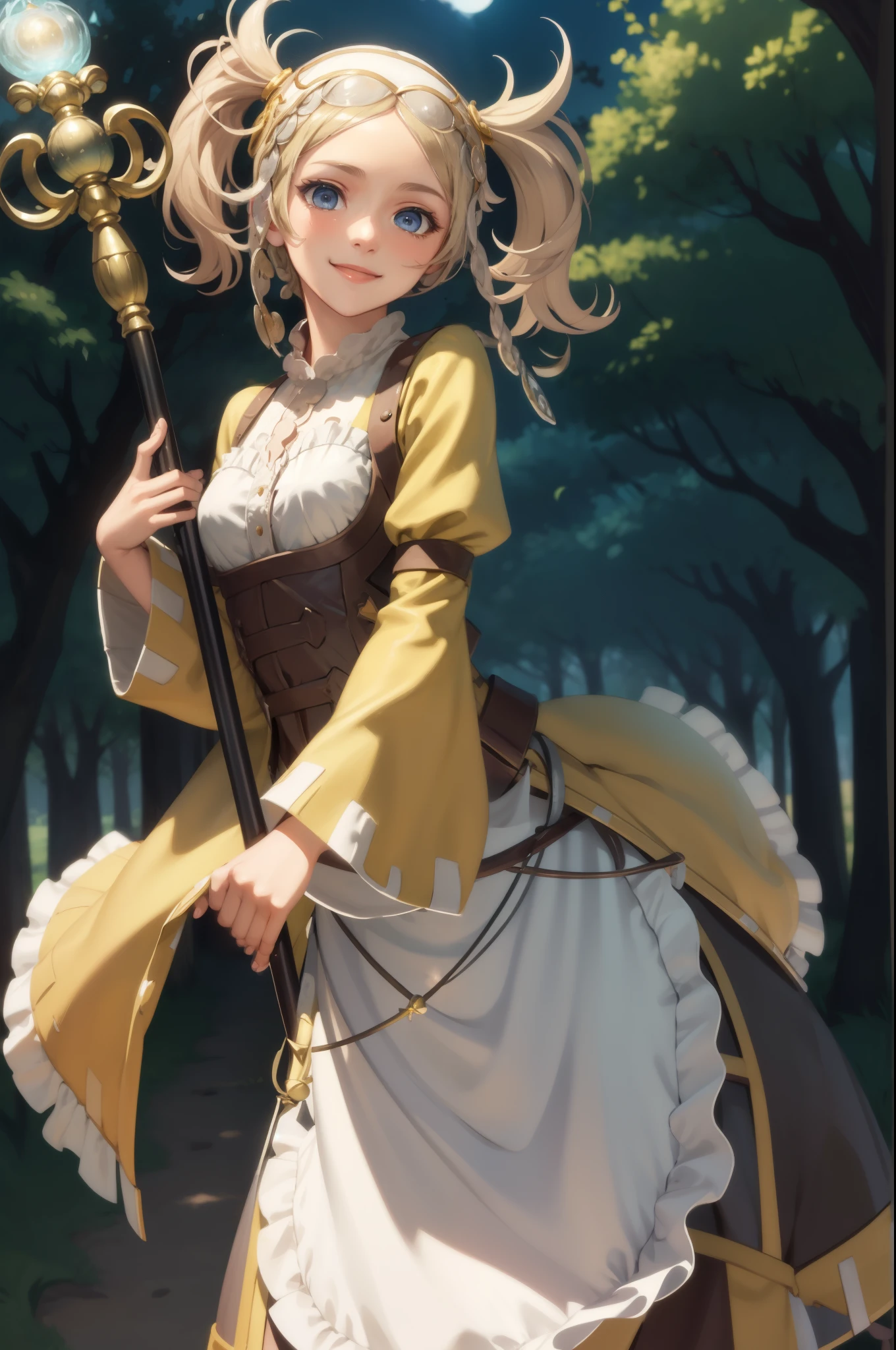 masterpiece, best quality, lissa, hair ornament, bonnet, cowboy shot, upper body, smile, looking at viewer, field, trees, holding a staff, magic healing staff