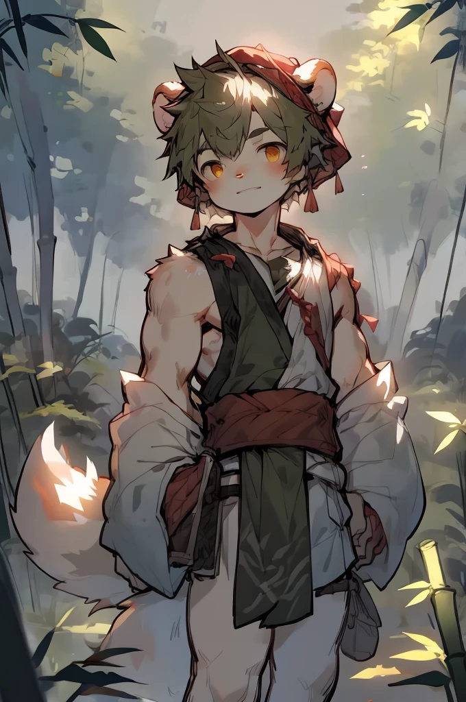 high saturation, masterpiece, best quality, Very detailed, depth of field, Common, male, Humanity, alone, (Brown:1.2) furry wolf, muscular, Wearing red cloth around the waist, bust, bamboo forest, (bamboo) Rain cap, (Pointy:1.3) have, (cones:1.2) have, Asian sleeveless clothing, (loose:1.2) clothing, 黑色和红色无袖clothing, sunlight, placed in a，(author：Puinki,artist:1.2),(author：Unreal Land,author：Kuroi Junmi,author：milkytiger1145,author：Morkey,author：Emolga 1