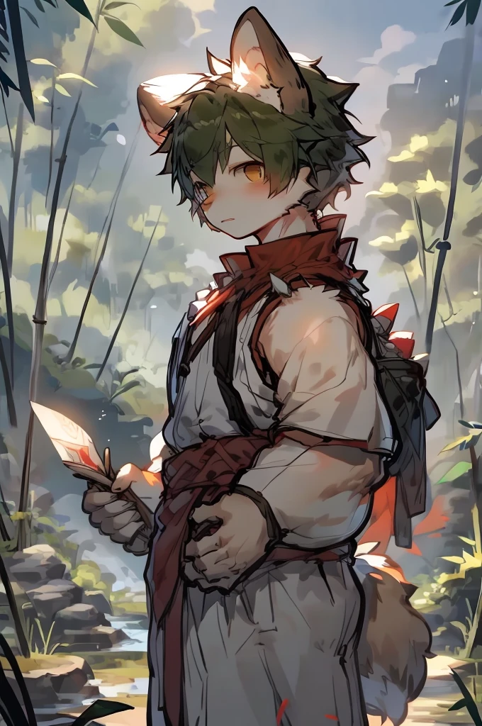 high saturation, masterpiece, best quality, Very detailed, depth of field, Common, male, Humanity, alone, (Brown:1.2) furry wolf, muscular, Wearing red cloth around the waist, bust, bamboo forest, (bamboo) Rain cap, (Pointy:1.3) have, (cones:1.2) have, Asian sleeveless clothing, (loose:1.2) clothing, 黑色和红色无袖clothing, sunlight, placed in a,(author:Puinki,artist:1.2),(author:Unreal Land,author:Kuroi Junmi,author:milkytiger1145,author:Morkey,author:Emolga 1