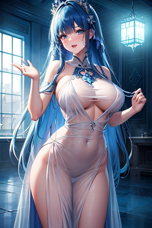 (highest quality, 8K, 32K, masterpiece, UHD: 1.3), 1 female, (Oversized: 1.3), perfect figure,, (attractive), ((excited: 1.5)), (Sheer skin)) 、((((Transparent see-through dress))))、see-through dresses、lace sheer dress、Transparent dress、Sheer skin、Transparent dressを着た美しい裸の女性、solo、best style、big breasts、The most beautiful in the world、unparalleled beauty、long hair、 ((blue bathhouse)),、Blue lighting. concept art stunning atmosphere, blue atmosphere, beautiful concept art, dark majestic ornate great hall, Inside the blue palace、(blue water辺、blue water)、blue reflection、Cyan color、get wet in blue water、Blue light、Blue World