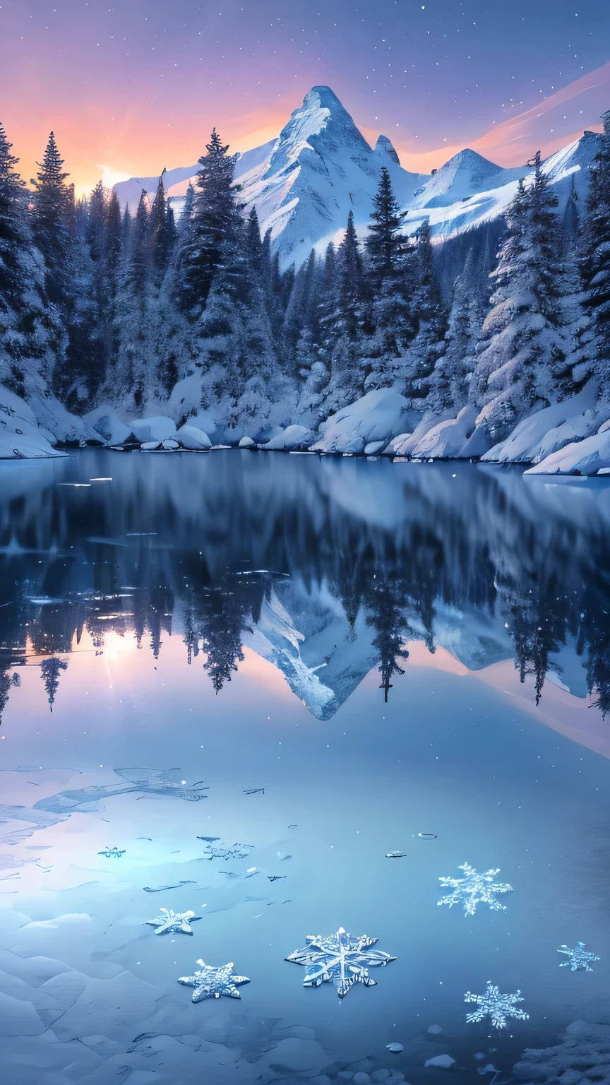 frozen sunshine,illustration,sparkling snowflakes,icy trees,crystal-clear lake,majestic mountains,delicate frost patterns,magical atmosphere,(best quality,4k,8k,highres,masterpiece:1.2),ultra-detailed,(realistic,photorealistic,photo-realistic:1.37),vivid colors,vibrant blues and purples,glistening ice,subtle warm glow from the sunlight,soft shadows,peaceful and serene.