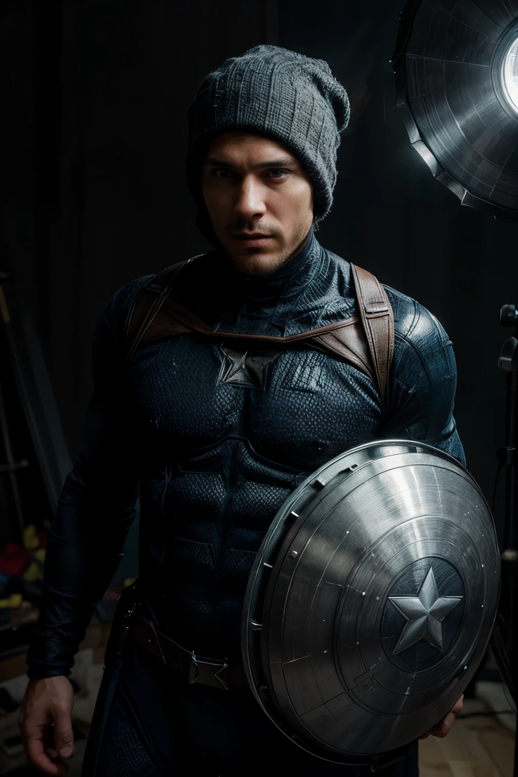 NSFW:: Generate a super realistic photograph of Man:: Man is a cosplayer:: Man with Perfect face:: Man face front camera:: Man with shaved face:: Man without hair:: No hair:: Man in Captain America suit with shield:: winter hat covering all head:: a web-shooter:: photography studio:: professional lighting:: using a digital single-lens reflex camera (DSLR) with slide film (ISO 50-200) and a prime lens (50mm) to capture the figure in a studio setting:: highlight details and textures.
