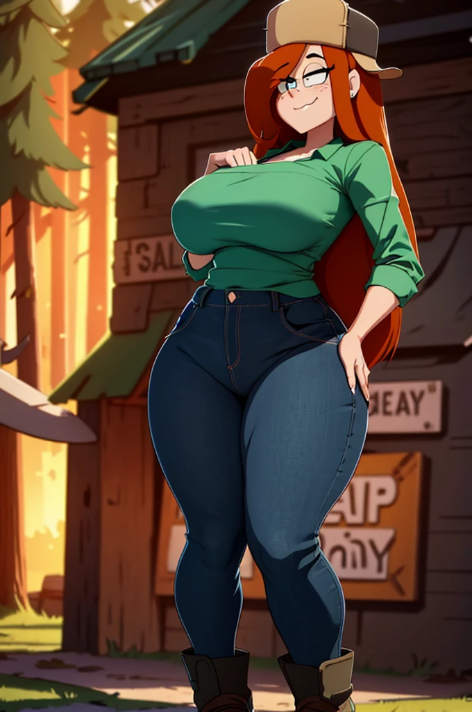 wendy (gravity falls), smile, full body, masterpiece, high quality, green shirt, jeans, lumberjack hat. Tall hair, ((huge breasts)), ((very thick thighs)), ((wide huge hips)),