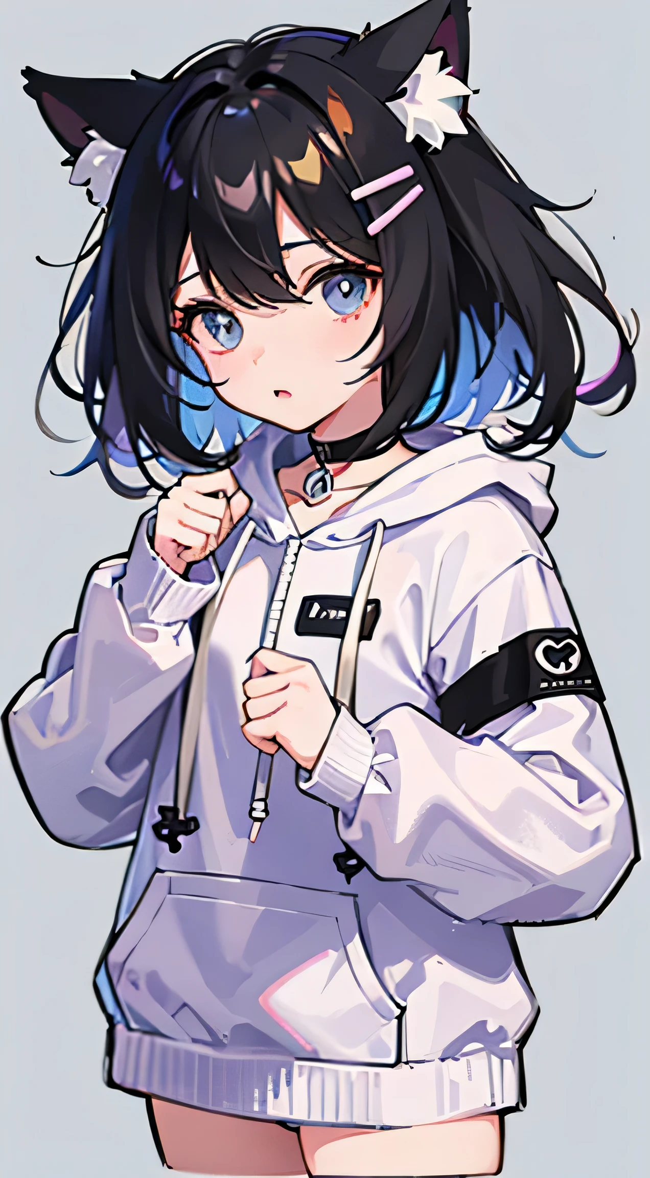 cartoon 《chibi girl》,pastel colors, vector style, Y2K hoodie,Speechless, Only pictures,There are animal ears,simple background