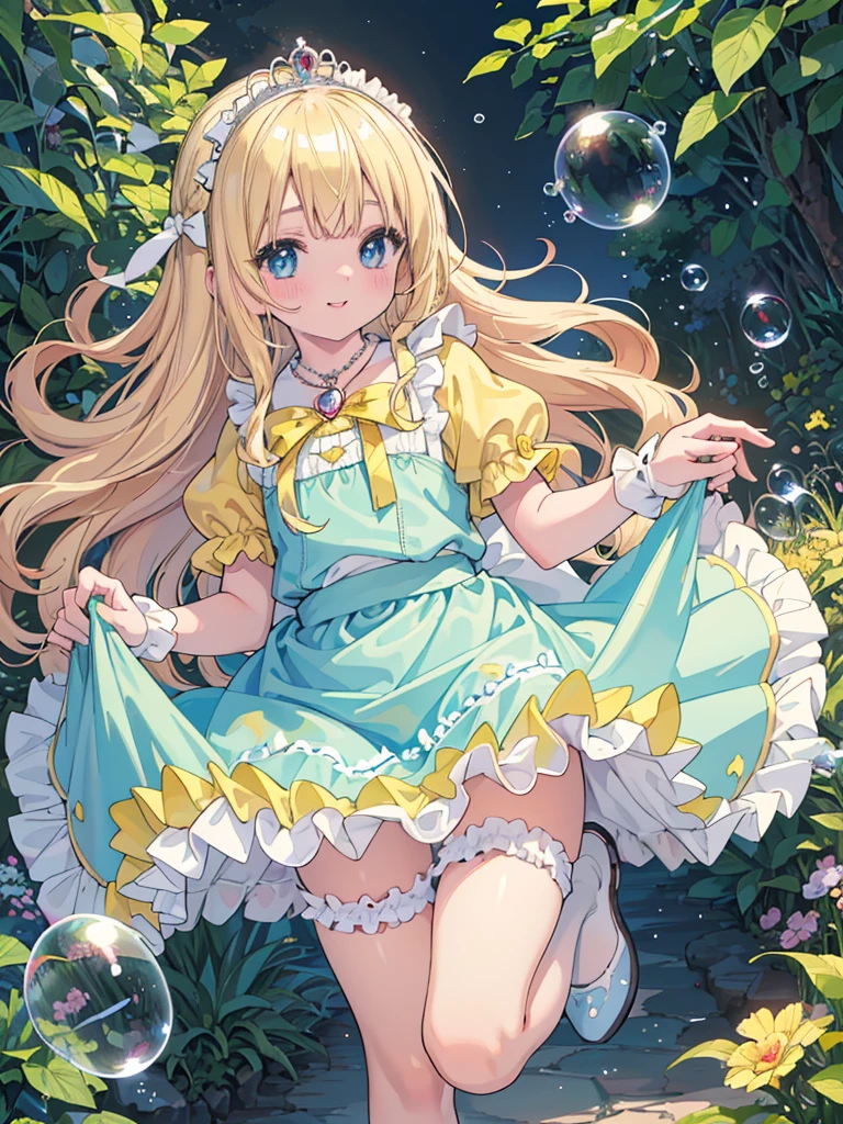 photo realistic, (masterpiece,best quality:1.4),(8k,raw photo,photo realistic:1.2),Not Safe for Work, detailed skin,detailed face,1girl,princess,Alice in Wonderland,cute face, super resolution,retro realistic details Illustration,,{{{elaborate,intricately,fantastic,delicately,tremendous,meticulous,minute,incredibly,obsessed,artisan's,subtle,virtuoso,skillful,vibrant, vivid, complex}}}, clearly focus edge, fresh natural gradation, best quality, amazing quality, very aesthetic, absurdres,
pubisure,
((yellow, checkered, frilled, yellow layered, yellow mini skirt, overskirt)), ((White ruffle apron)), ((shiny wavy hair)), diadems, ankle boots, up-skirt, doress, (((jumping))), feet up, (yellow frilled shirt), yellow gothic dresses, shairband, shortsleeves, the bow hair, happy, ;p, medium bob, (blonde hair), ((wavy hair)), shimmering eyes, Blue eyes, ((yellow shairband)), (((White frilled Panties))), (((skirt-lift))), a smile, red blush, yellow Doress, Alice (Alice in Wonderland), (((cape))), White frilled legwear, ((yellow the Bow)), Puffy Sleeves, Bangss, shortsleeves, ((yellow bow ribbon)), long hair, (White frilled apron), (((tiara))), (((Holding a cute magic wand))). White frilled legwear, frilld, yellow gothic dresses,: q, ((Heart necklace)), ((ring)), masterpiece, top-quality, not safe for work, Little Girl, child, 14 yo, braided bangs, arm garter, baby face ,twinkle in the eye, flat chest,
yumekawa,yumekawaii,pastel color,(wonderland garden:1.3),imagination, ((soap bubbles)), heart background, (water-color),