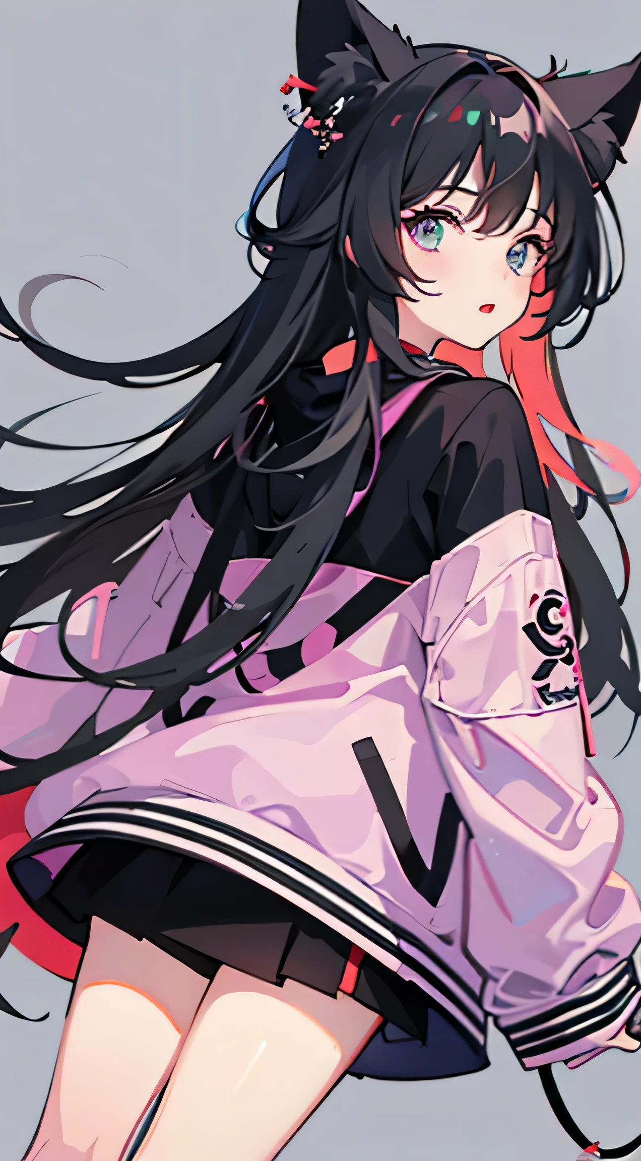 cartoon 《chibi girl》,pastel colors, vector style, Y2K hoodie,Speechless, Only pictures,There are animal ears,simple background
