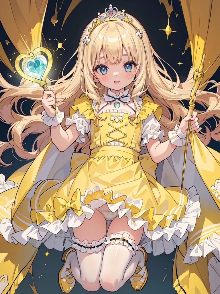 photo realistic, (masterpiece,best quality:1.4),(8k,raw photo,photo realistic:1.2),Not Safe for Work, detailed skin,detailed face,1girl,princess,Alice in Wonderland,cute face, super resolution,retro realistic details Illustration,,{{{elaborate,intricately,fantastic,delicately,tremendous,meticulous,minute,incredibly,obsessed,artisan's,subtle,virtuoso,skillful,vibrant, vivid, complex}}}, clearly focus edge, fresh natural gradation, best quality, amazing quality, very aesthetic, absurdres,
pubisure,
((yellow, checkered, frilled, yellow layered, yellow mini skirt, overskirt)), ((White ruffle apron)), ((shiny wavy hair)), diadems, ankle boots, up-skirt, doress, (((jumping))), feet up, (yellow frilled shirt), yellow gothic dresses, shairband, shortsleeves, the bow hair, happy, ;p, medium bob, (blonde hair), ((wavy hair)), shimmering eyes, Blue eyes, ((yellow shairband)), (((White frilled Panties))), (((skirt-lift))), a smile, red blush, yellow Doress, Alice (Alice in Wonderland), (((cape))), White frilled legwear, ((yellow the Bow)), Puffy Sleeves, Bangss, shortsleeves, ((yellow bow ribbon)), long hair, (White frilled apron), (((tiara))), (((Holding a cute magic wand))). White frilled legwear, frilld, yellow gothic dresses,: q, ((Heart necklace)), ((ring)), masterpiece, top-quality, not safe for work, , child, 14 yo, braided bangs, arm garter, baby face ,twinkle in the eye, flat chest,