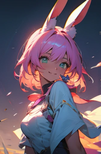 (Best quality at best, A high resolution), (like a dream, a vibrant one), (detailed, Be expressive)1 girl, smile, beauty, light pink hair, rabbit ears costume,, light green eyes, clear eyes