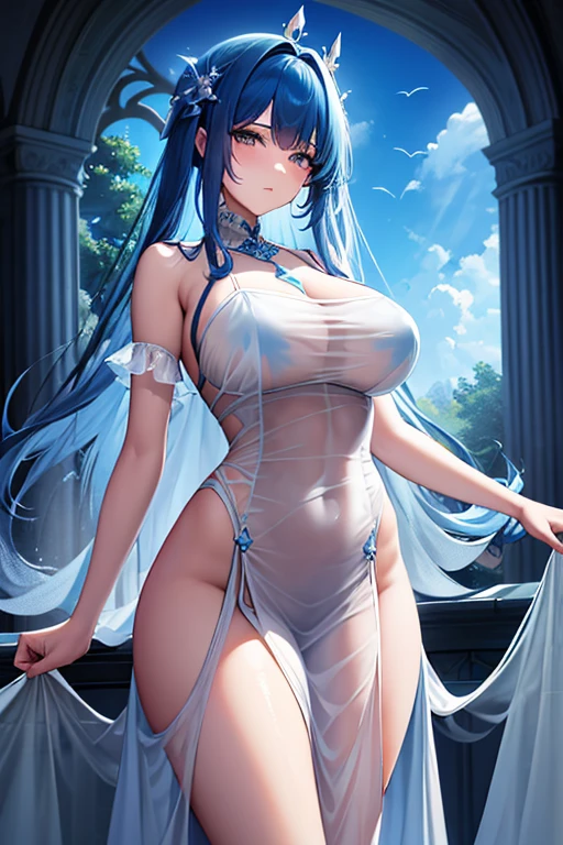 (highest quality, 8K, 32K, masterpiece, UHD: 1.3), 1 female, (Oversized: 1.3), perfect figure,, (attractive), (Sheer skin)) 、((((Transparent see-through dress))))、see-through dresses、lace sheer dress、Transparent dress、Sheer skin、Transparent dressを着た美しい裸の女性、solo、best style、big breasts、The most beautiful in the world、unparalleled beauty、long hair、 ((blue bathhouse)),、Blue lighting. concept art stunning atmosphere, blue atmosphere, beautiful concept art, dark majestic ornate great hall, Inside the blue palace、(blue water辺、blue water)、blue reflection、Cyan color、get wet in blue water、Blue light、Blue World、Expressive、sexy pose