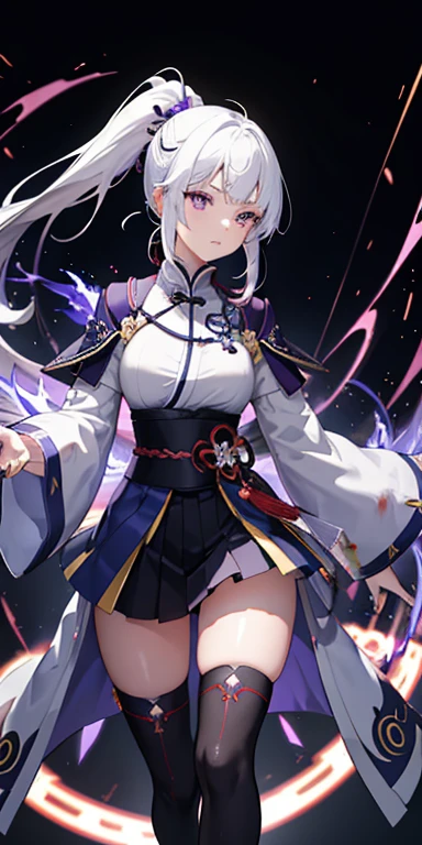 1girl, japanese clothes, ponytail ,white hair, purple eyes, magic circle, blue fire, blue flames, wallpaper, landscape, blood, blood splatter, depth of field, night, light particles, light rays, sidelighting, thighs, fate \(series\), genshin impact, ****, open jacket, skirt, thighhighs, cloud