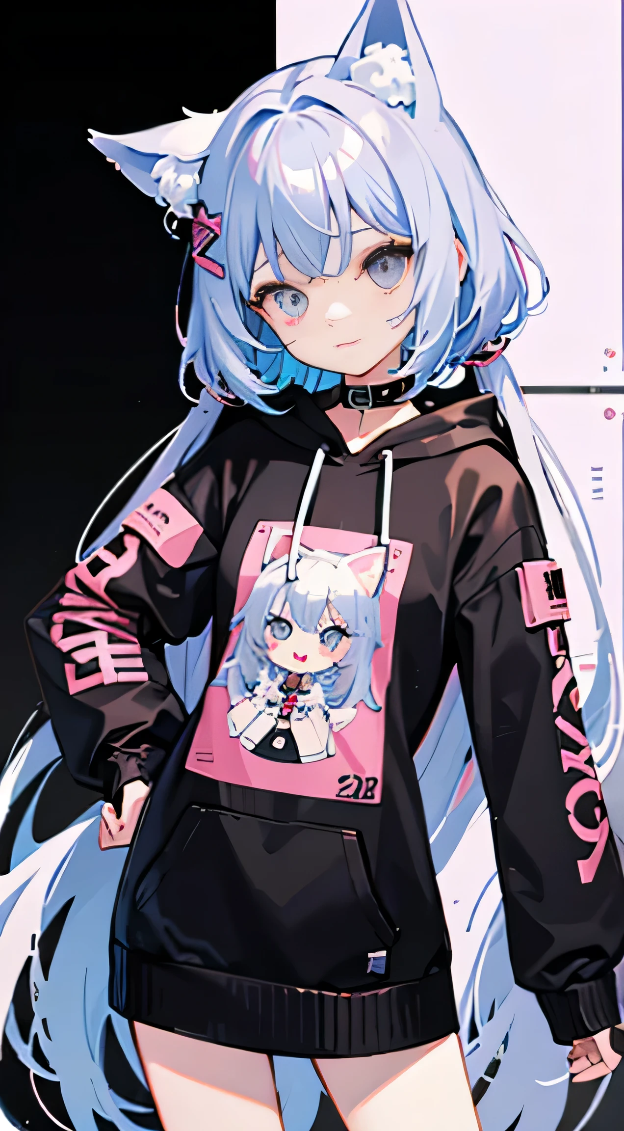 cartoon 《chibi girl》,pastel colors, vector style, Y2K hoodie，Speechless, Only pictures，There are animal ears，simple background
