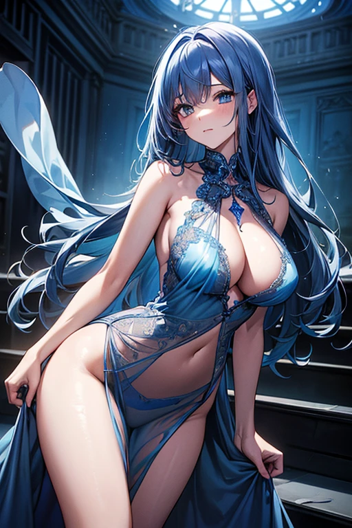 (highest quality, 8K, 32K, masterpiece, UHD: 1.3), 1 female, (Oversized: 1.3), perfect figure,, (attractive), (Sheer skin)) 、((((Transparent see-through dress))))、see-through dresses、lace sheer dress、Transparent dress、Sheer skin、Transparent dressを着た美しい裸の女性、solo、best style、big breasts、The most beautiful in the world、unparalleled beauty、long hair、 ((blue bathhouse)),、Blue lighting. concept art stunning atmosphere, blue atmosphere, beautiful concept art, dark majestic ornate great hall, Inside the blue palace、(blue water辺、blue water)、blue reflection、Cyan color、get wet in blue water、Blue light、Blue World、Expressive、sexy pose