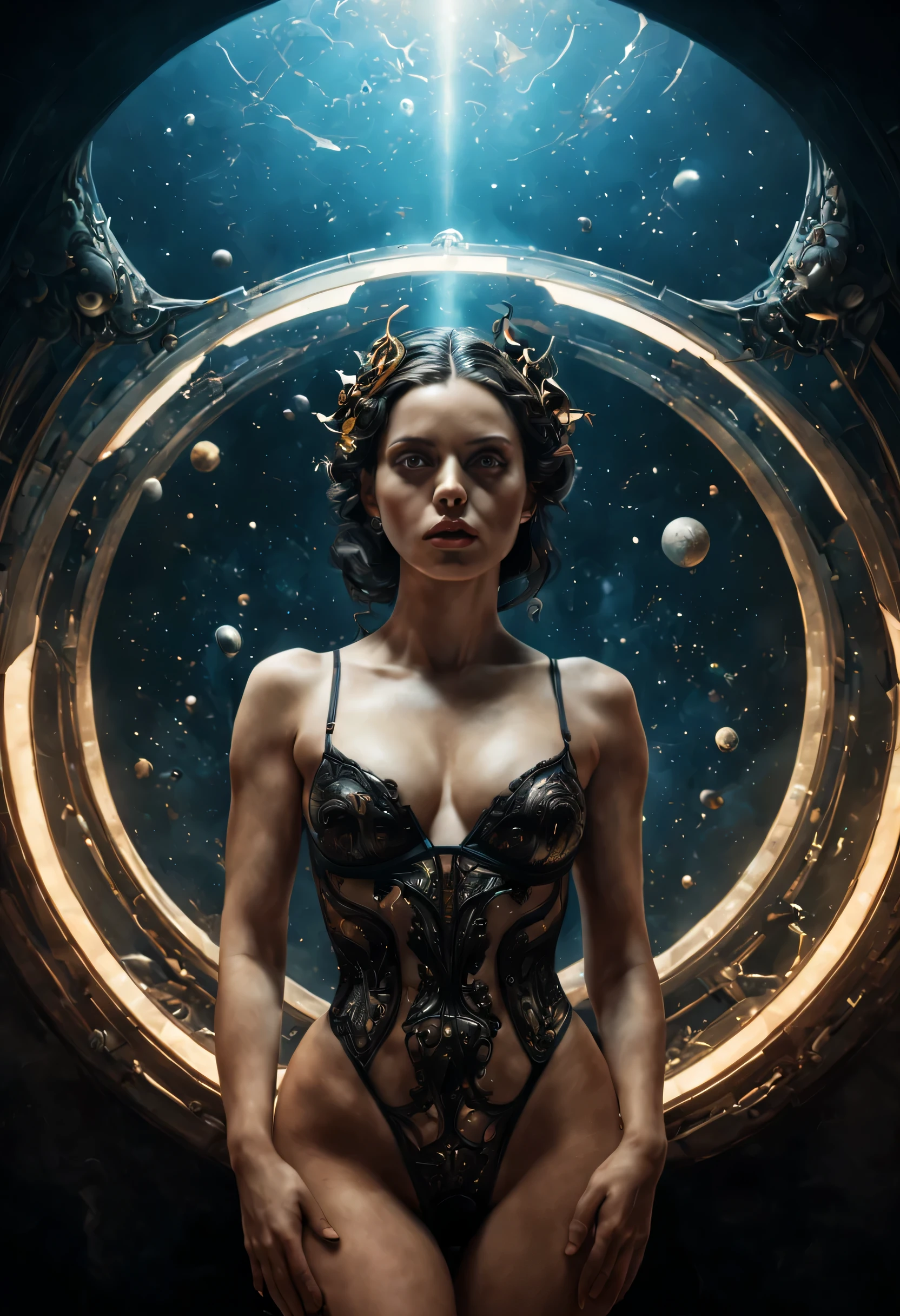Interior Spaceship,gorgeous beautiful woman in lingerie, cute face, planet and stars, utopian, sci-fi, smooth soft skin, symmetrical, soft lighting,full shot, detailed face, concept art, digital painting, looking into camera
, perfect composition, beautiful detailed intricate insanely detailed octane render trending on artstation, 8 k artistic photography, photorealistic concept art, soft natural volumetric cinematic perfect light, chiaroscuro, award - winning photograph, masterpiece, oil on canvas, raphael, caravaggio, greg rutkowski, beeple, beksinski, giger