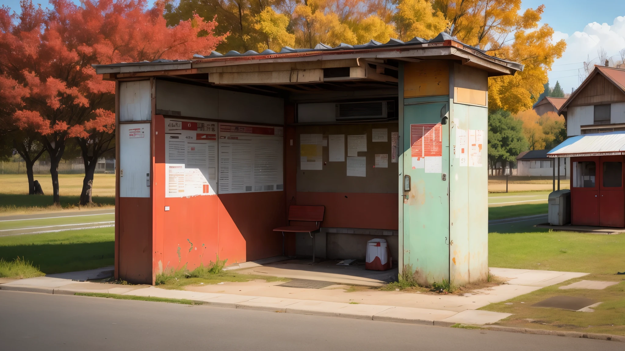there is a small shelter with a red box in front of it, abandoned bus stop, bus stop, soviet bus stop, clean image, abandoned japaense village