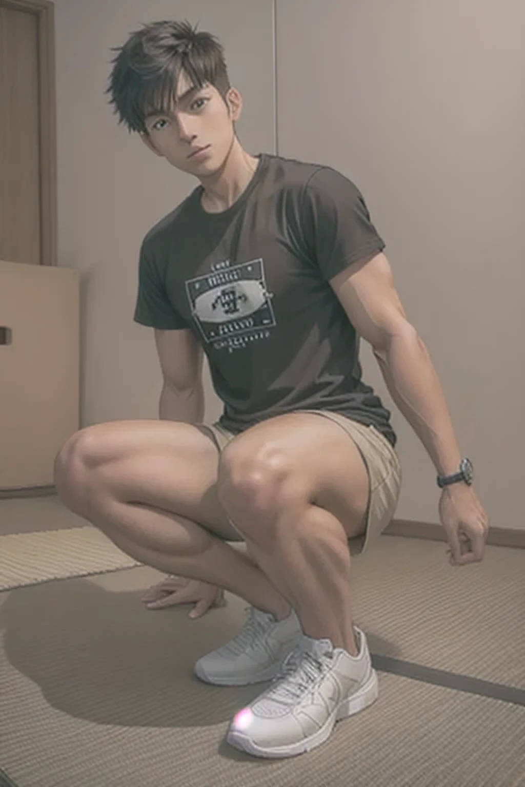 ((super sharp focus)), (((hairy legs))), toned legs, whole body, two block, messy shortt hair, long legs, Japan Male, 27 years old, wearing beige shorts, wearing a black T-shirt, very short hair, black hair