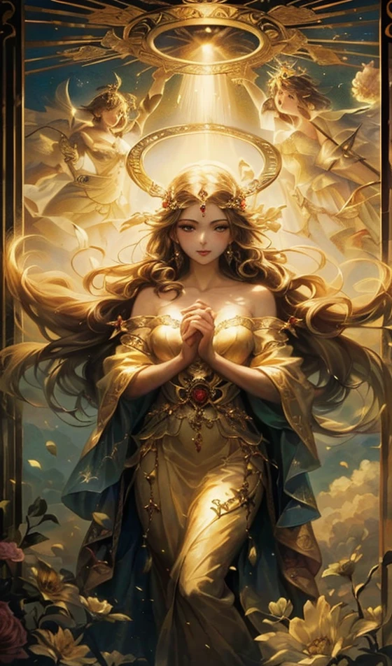 picture,pictureは王冠と天使を手に持っている女性を示しています, goddess. very high detail, goddessの見事な肖像画, レオのゴージャスなgoddess, art germ ジュリー・ベル ビープル, art style, art germ, 美しいgoddessの肖像画, beautiful fantasy empress, germ of art. anime illustration, goddessの肖像画,Breasts are more sexy